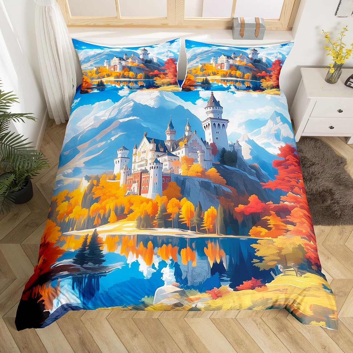 Classical Castle Duvet Cover Set Toddler Size Natural Landscape Mountain Bedding Set 2pcs for Teens Autumn Maple Trees Jungle Comforter Cover Western Building Quilt Cover,1 Pillowcase(Not Comforter)