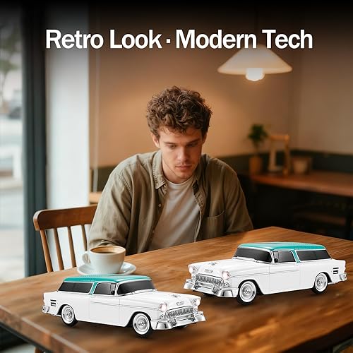 Miniatura 6 de Altavoz Bluetooth retro clásico modelo de coche con luz ambiental LED, emparejamiento estéreo TWS, ruedas móviles, sonido HD, altavoz inalámbrico