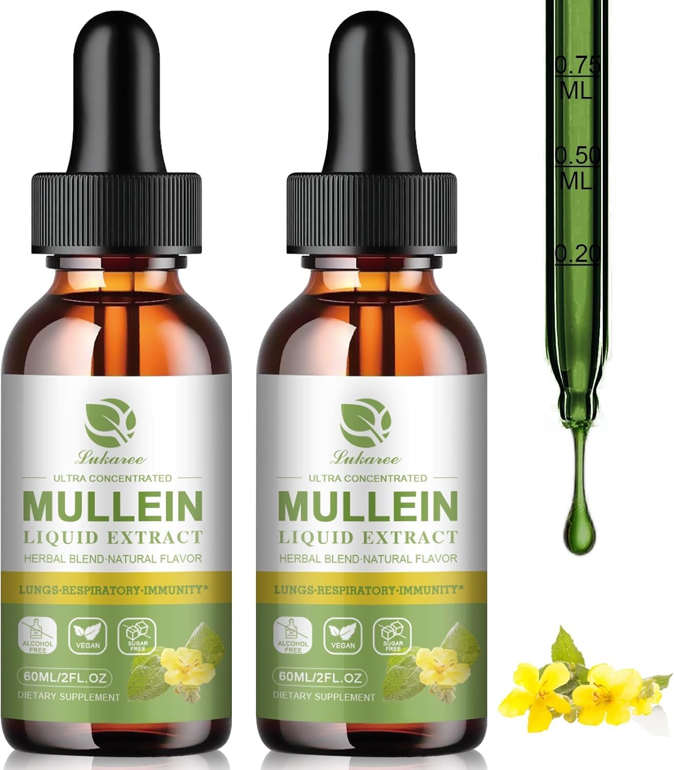 Mullein Drops for Lungs, Lung Detox & Cleanse, Vegan Mullein Leaf Extract Tincture with Chlorophyll Elderberry, etc, Natural Herbal Supplement for Respiratory, Immune, 60 Servings/ 2 Fl Oz (Pack of 2)