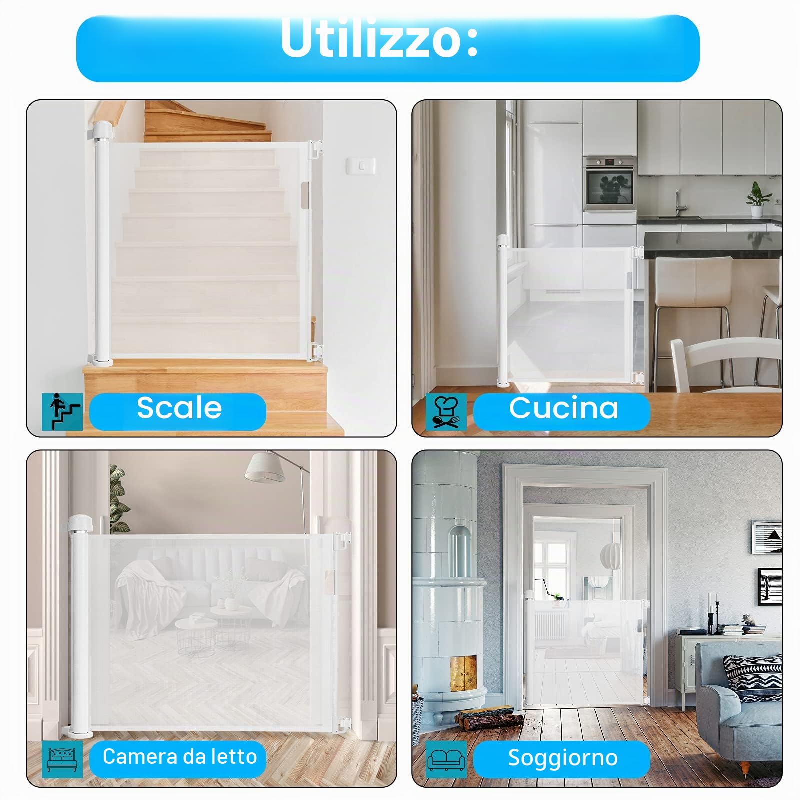 LARS360 Griglia di protezione per porta estensibile da 0 a 150 cm, per scale, altezza 87 cm, per bambini, utilizzabile con una sola mano, per interni ed esterni, colore bianco