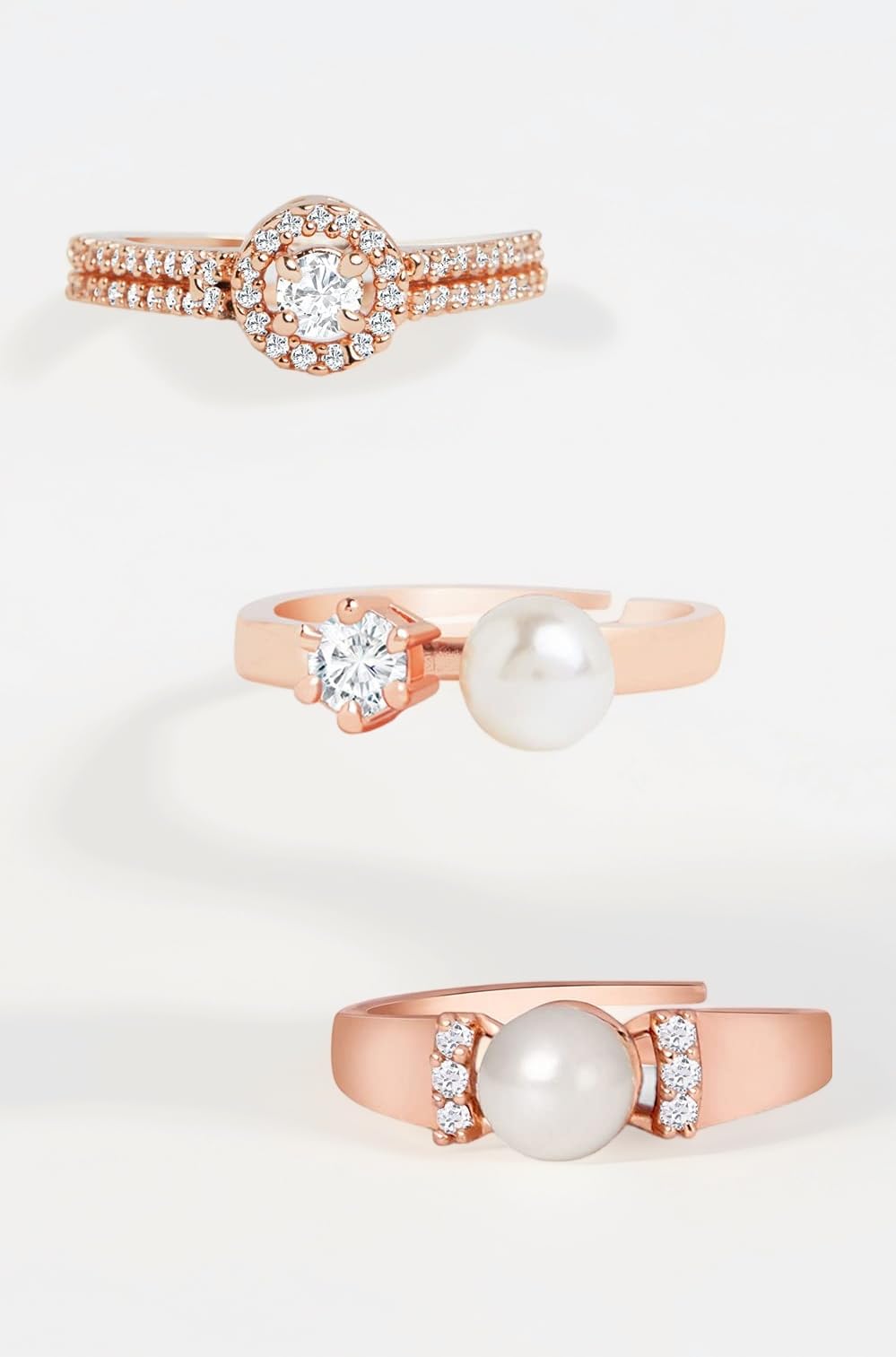 ZAVERI PEARLS Set of 3 Rose Gold Contemporary Cubic Zirconia Brass Adjustable Rings For Women-ZPFK11177