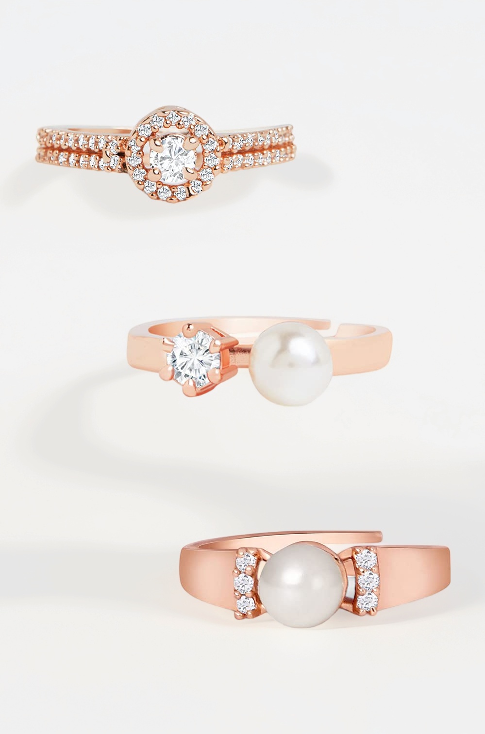 Set of 3 Rose Gold Contemporary Cubic Zirconia Brass Adjustable Rings For Women-ZPFK11177