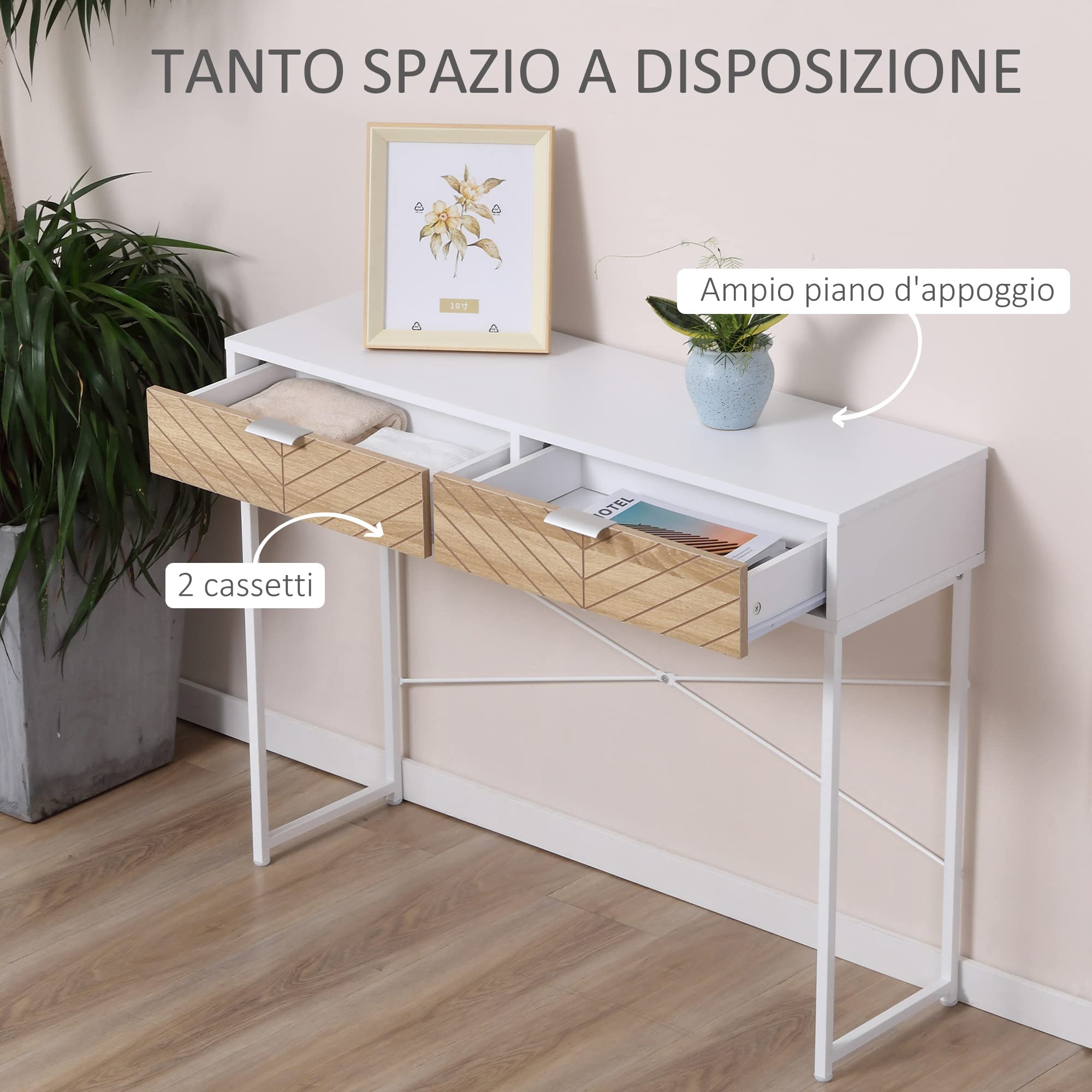 HOMCOM Consolle Moderna con 2 Cassetti, Tavolo per Ingresso in Metallo con Struttura Incrociata, Tavolino per Soggiorno, Bianco