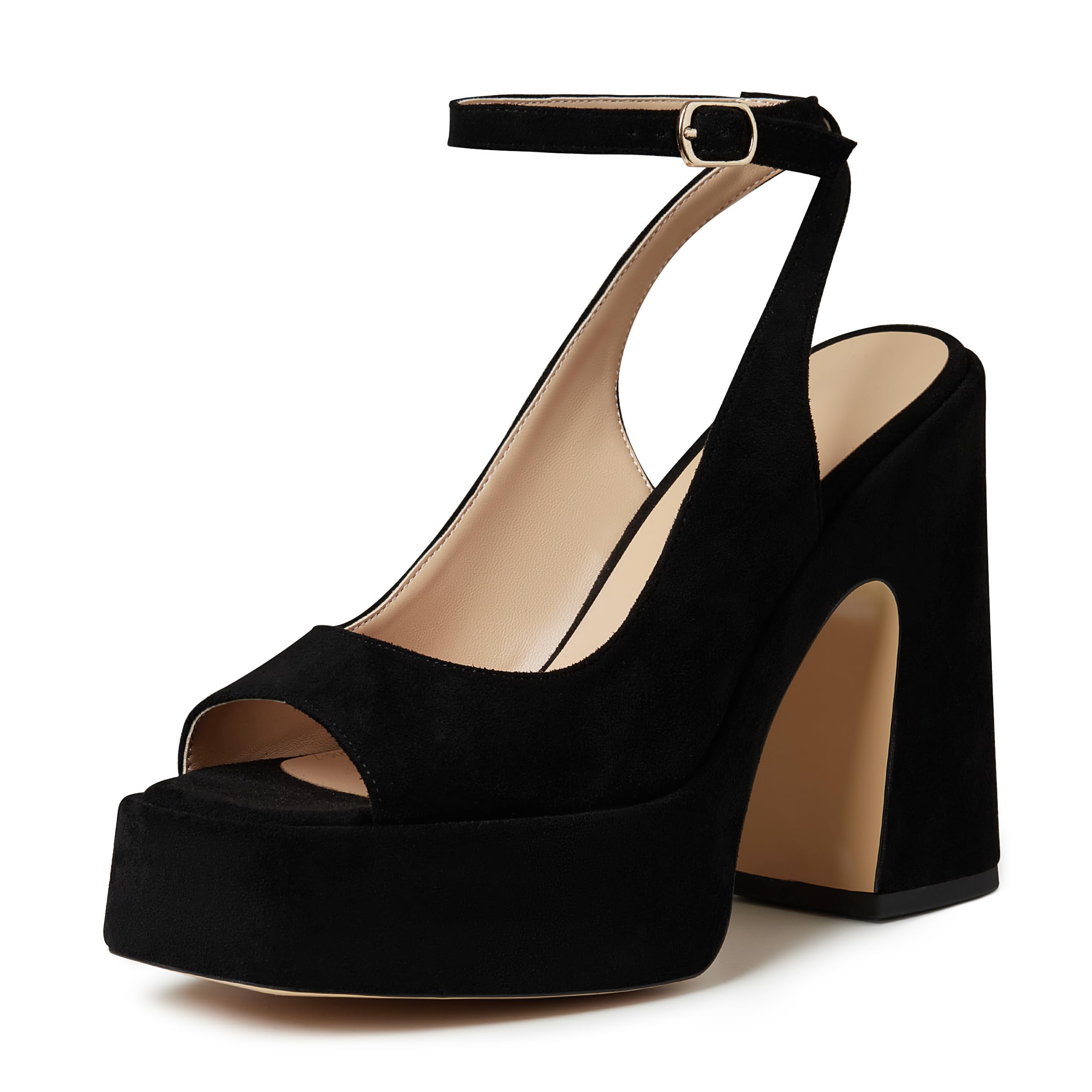 Erocalli Platform Heels for Women Black Chunky Platform Sandals Square Toe Anklet Strap High Heels Sandal Block Heels for Women