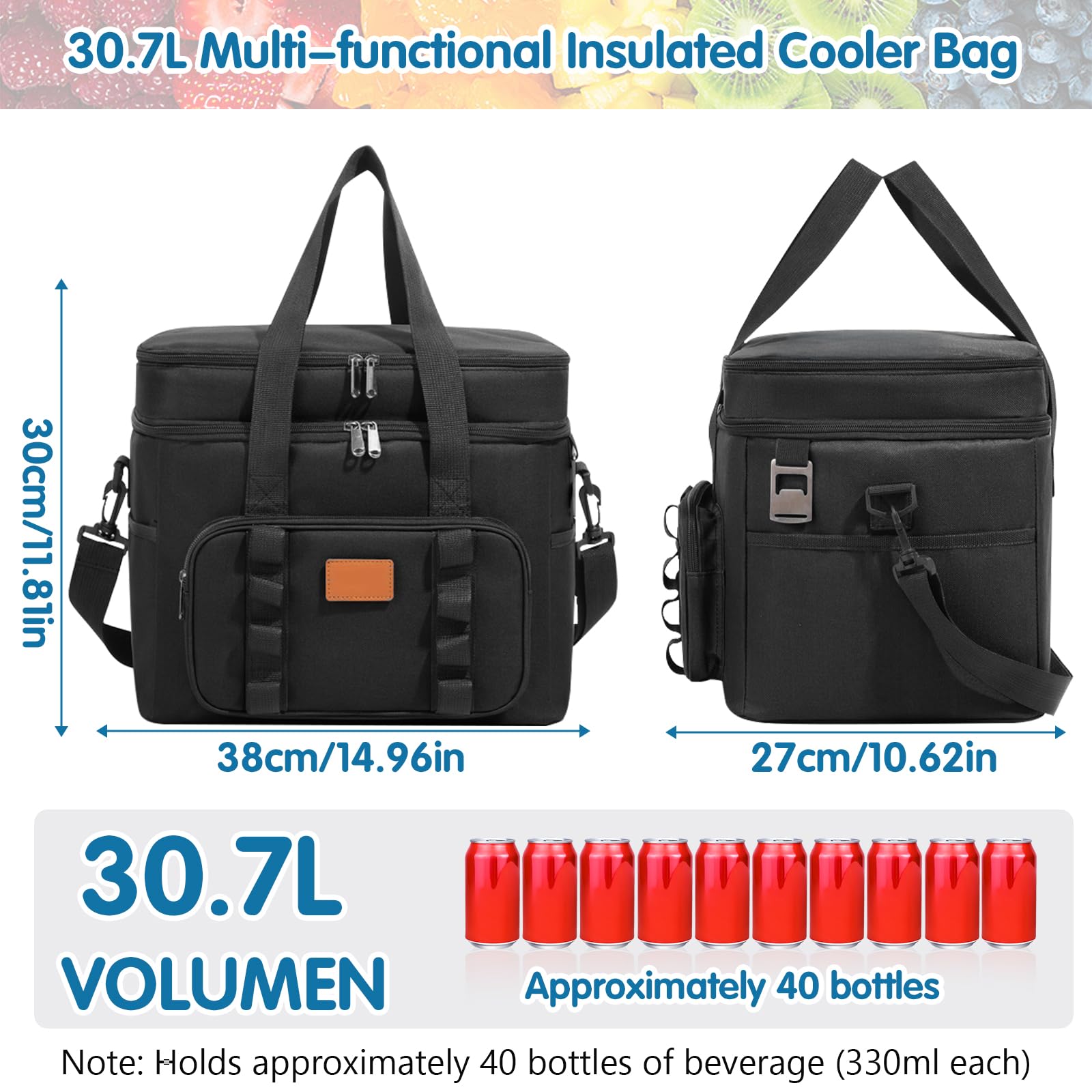 BBLTIFF Borsa Termica Porta Pranzo, 30.7L Borsa Doppio Frigo Grande, Borsa Porta Pranzo, Borse Termiche con Tracolla Regolabile, Tasche Multiple e Apribottiglie per Picnic, Campeggio, Ufficio (Nero) - 3
