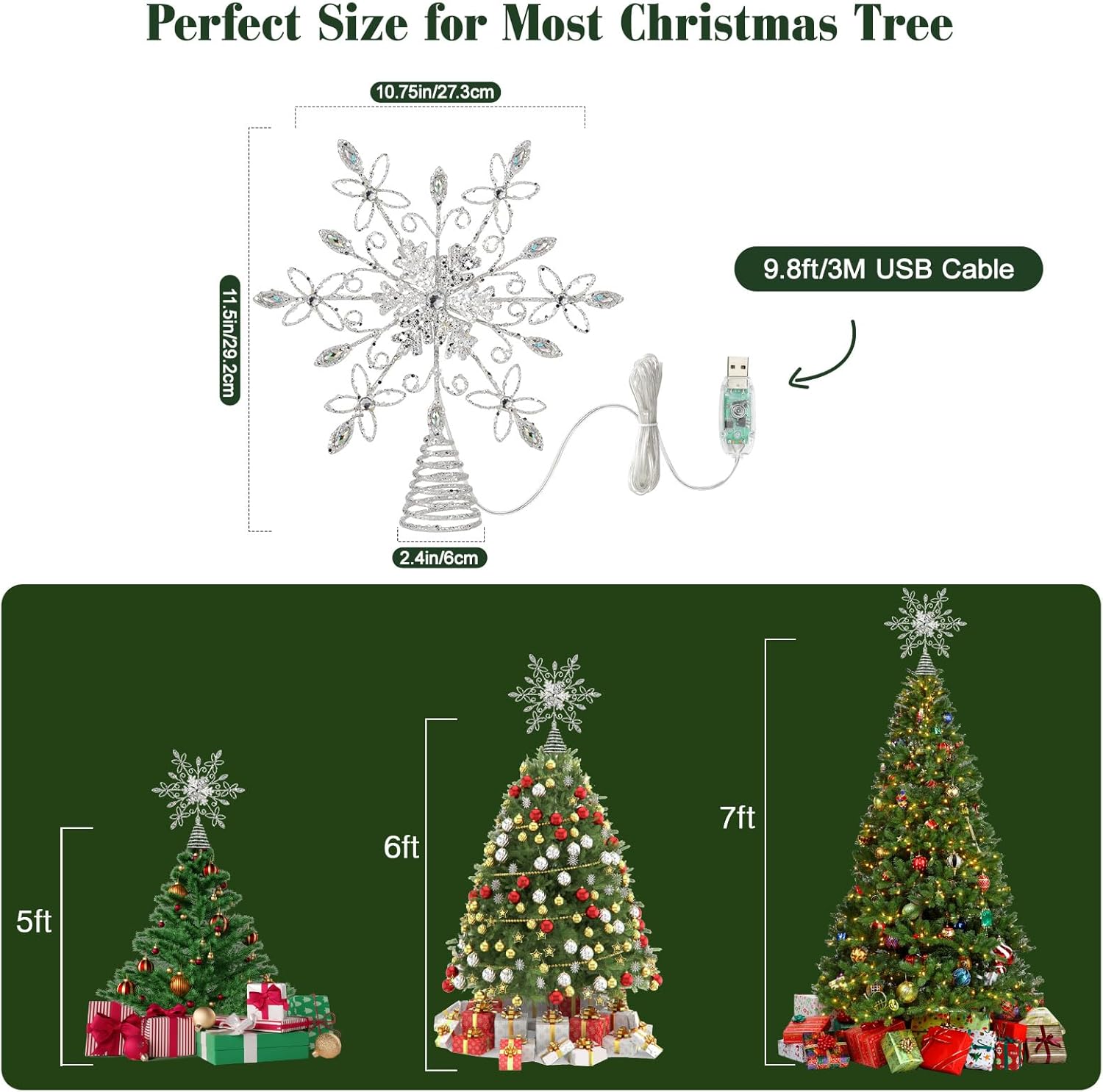 Lewondr Christmas Snowflake Tree Topper, 11.5'' Glittered Xmas Tree Topper with Butterfly Gem, 30 LED Bulbs, 6 Hrs Timer and 8 Modes USB Remote Control, Christmas Treetop Decor for Home Holiday, White