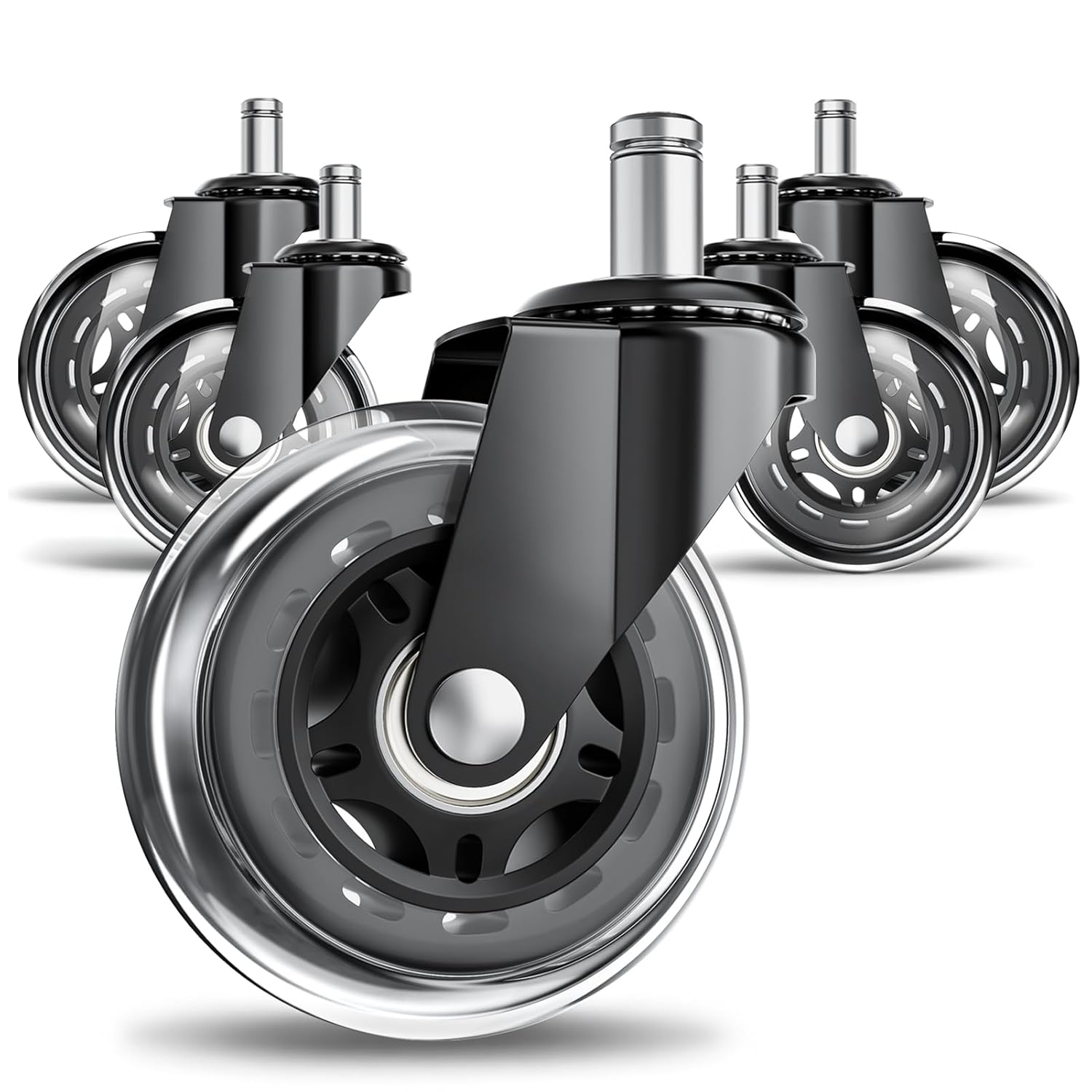 Office Chair Wheels for Hardwood Floor, 5 Pack 3 Inch Heavy Duty PU Caster Wheels, Replacement Casters Universal Stem, Quiet & Smooth for Most Chairs