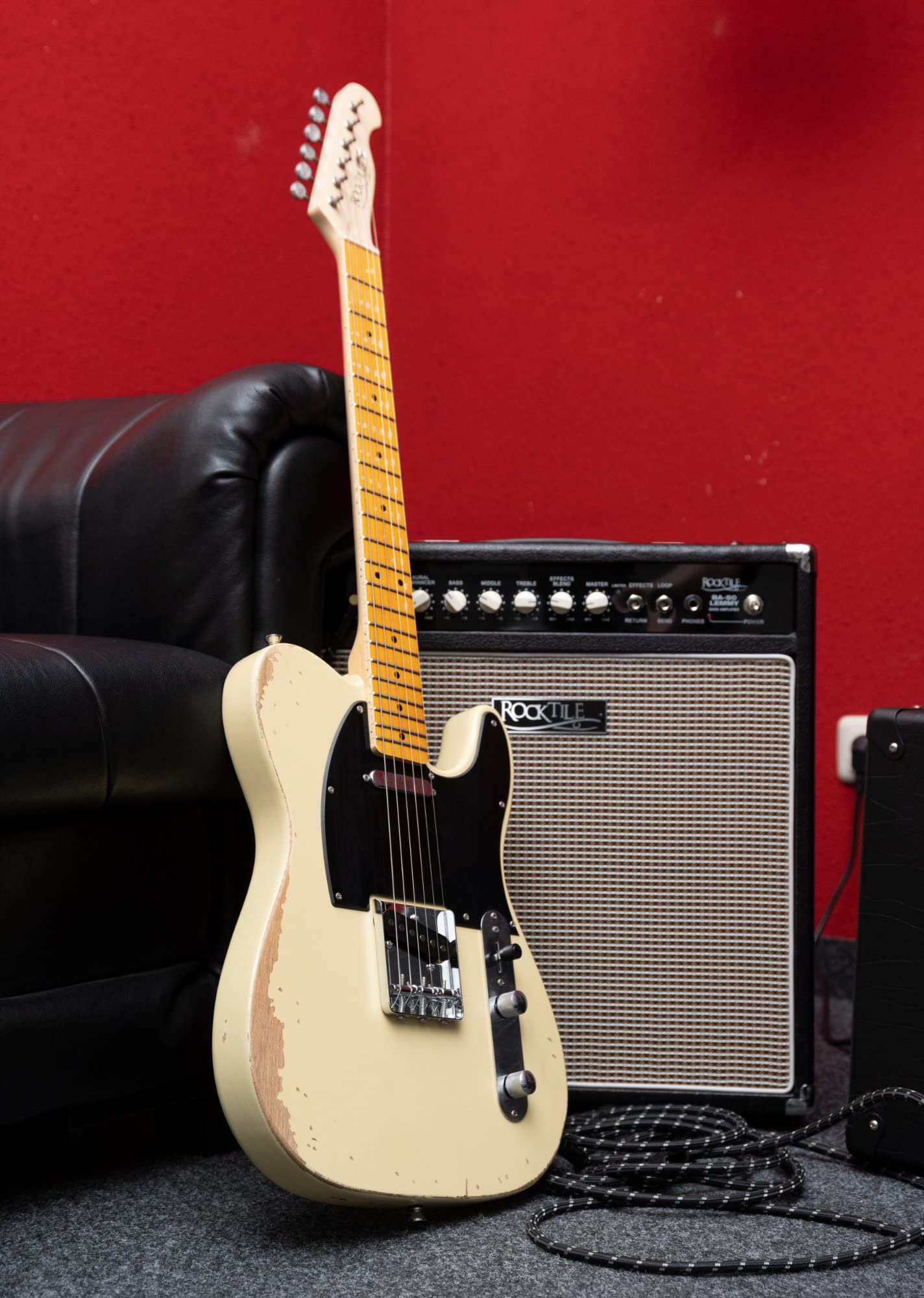 Rocktile Vinstage TL-HMWM gitara elektryczna – gitara relikowa w stylu wiekowym – korpus: mahoń – gryf/szyja: klon – 2 x Single Coil Pickup – sprzęt vintage – biały vintage