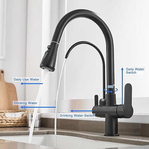 Miniatura 5 de MENATT Grifo comercial 3 en 1 de agua potable, purificador de filtro de agua de arco alto, grifo de cocina extraíble de doble manija (negro mate)