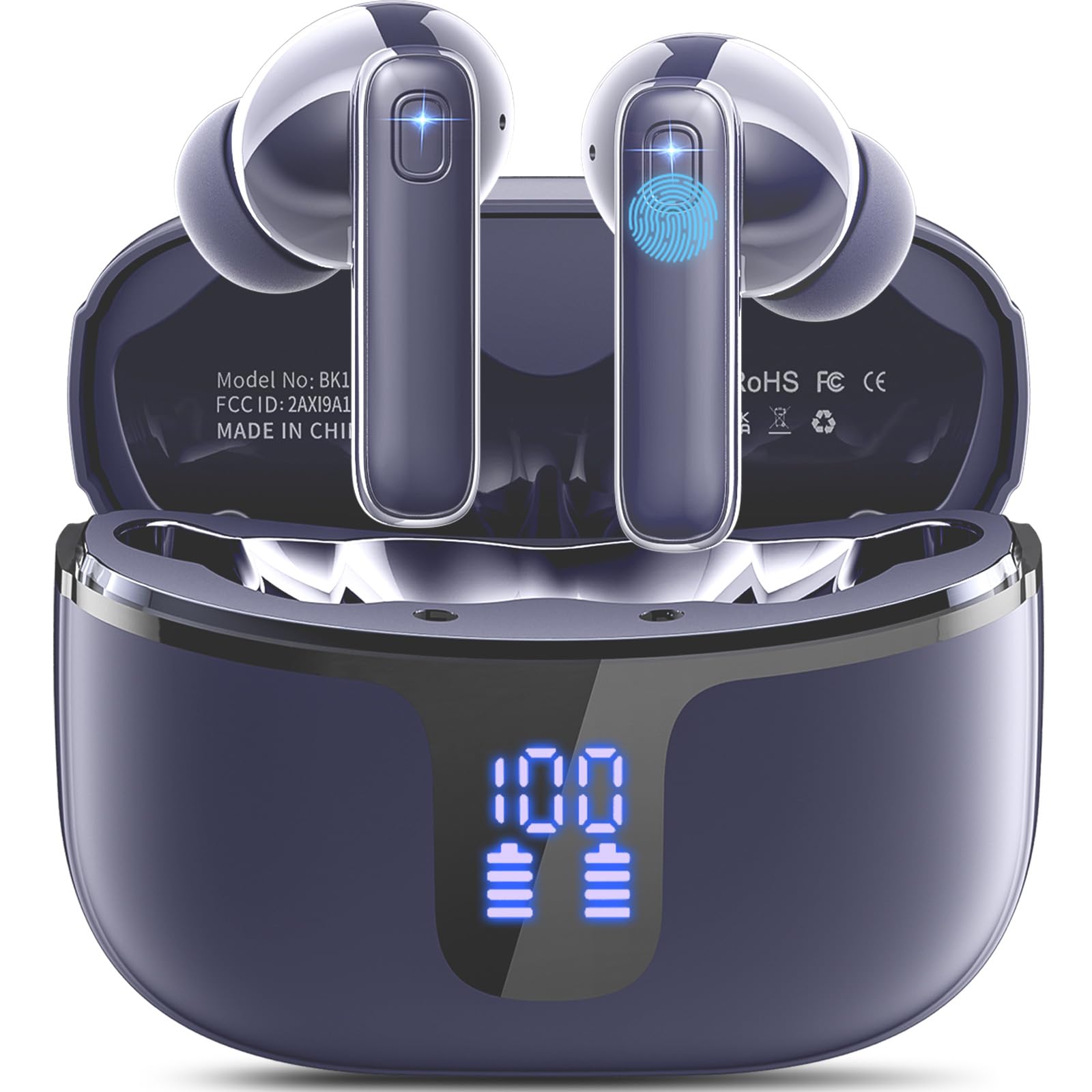 Wireless Earbuds, Bluetooth 5.3 Headphones Wireless Earphones with 4 ENC Noise Cancelling Mic, 2024 Deep Bass Stereo Ear Buds, 40H Playtime Wireless Headphones in Ear, LED Display/IP7 Waterproof-Blue