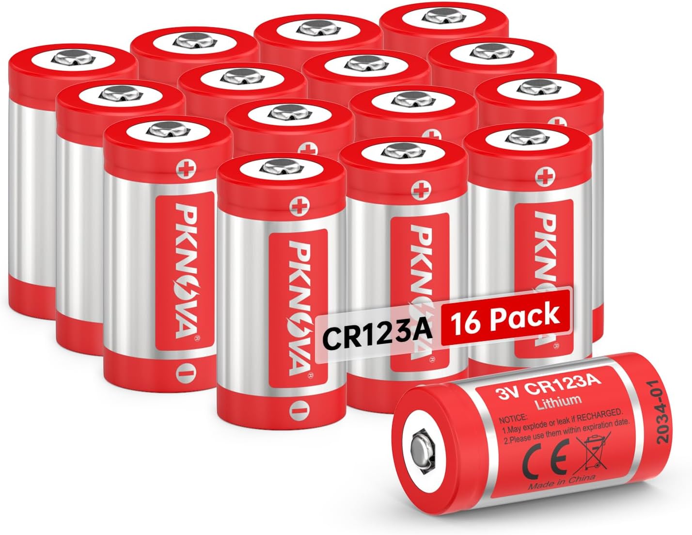 PKNOVA CR123A Battery, 16 Count, CR123A Lithium Batteries, Full Powered 3 Volt 123