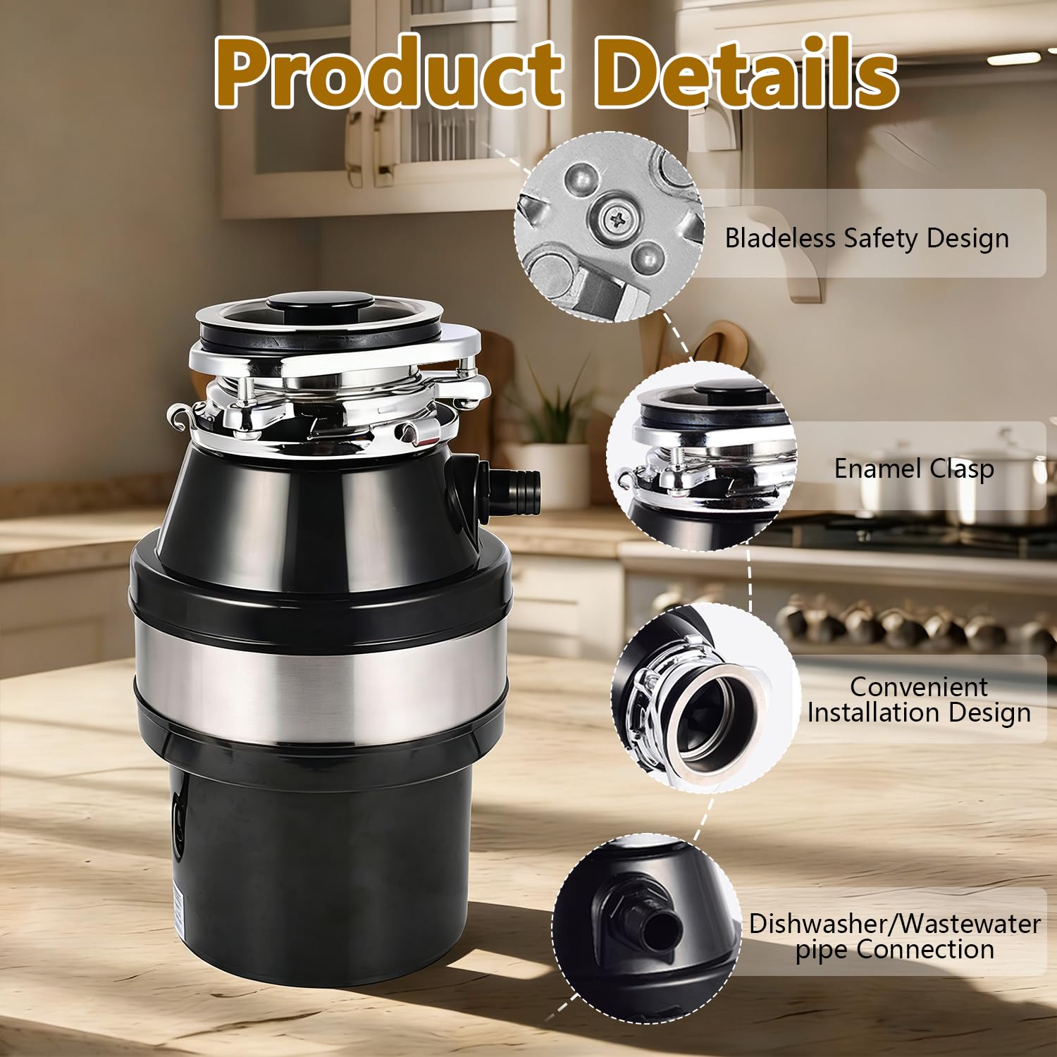 Dissipatore di rifiuti alimentari, 1,4 L 560 W, in acciaio inox, da cucina, sotto il lavello, con interruttore dell'aria integrato con anti-bloccaggio e protezione da sovraccarico, efficiente ad alta