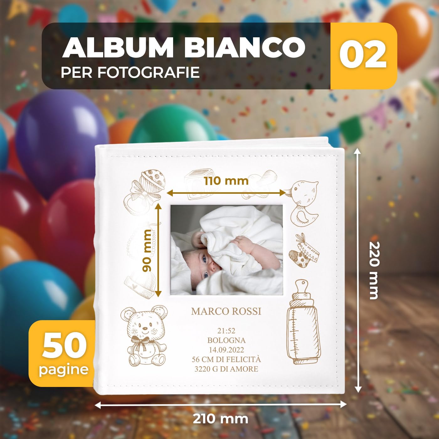 Maverton Album Foto Personalizzato - Copertina in Pelle Sintetica con Finestra per Foto - Album Fotografico Personalizzabile 100 pagine - 200 foto 10x15cm - Regali Neonato Compleanno