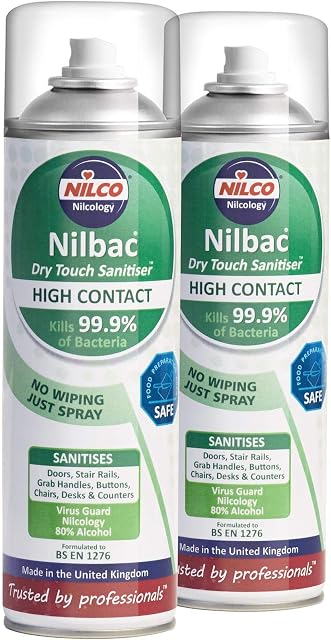 Nilco Nilbac Dry Touch Sanitiser HIGH CONTACT Aerosol 500ml x 2 Bundle