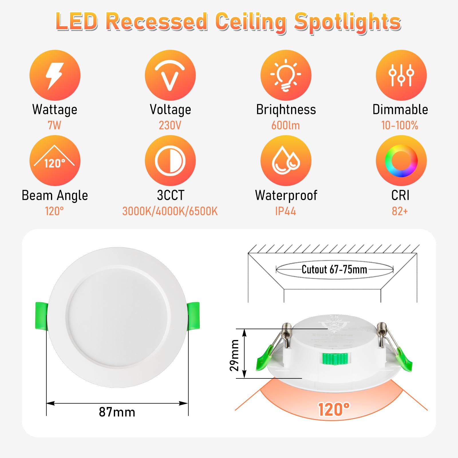 Hossom Downlight LED Techo Empotrable 7W 600LM, 230V IP44 Focos LED Interior Techo, Corte 67-75mm, Led Blanco Cálido 3000K, Natural 4000K y Frio 6500K, Pack 6 Foco Empotrablepara Cocina, Salón, Baños