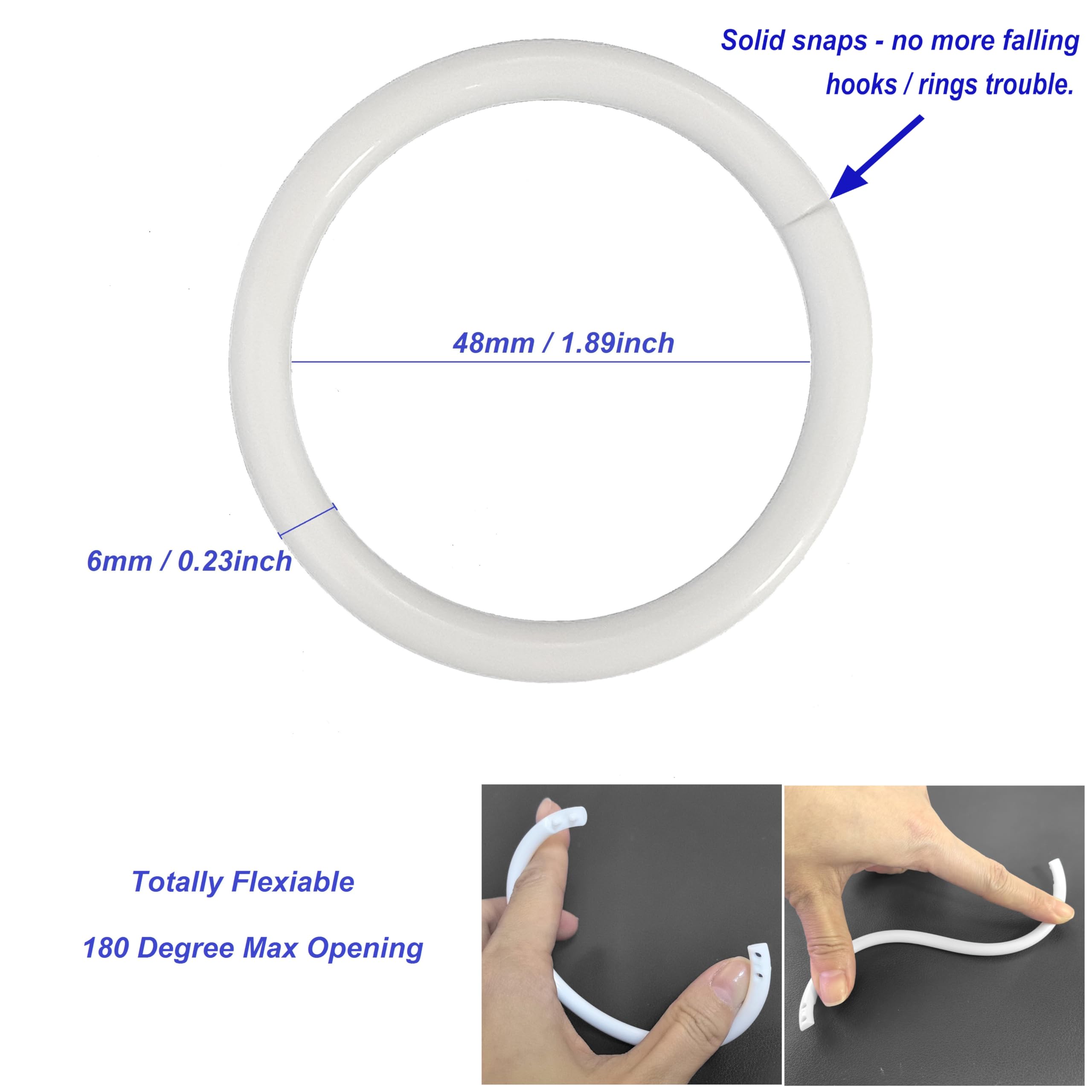 Lot de 12 Anneaux de Rideau de Douche, Crochets de Rideau de Douche en Plastique, Ronds décoratifs à Fermeture Facile à Clipser, Tringle de fenêtre de Salle de Bain (Blanc)