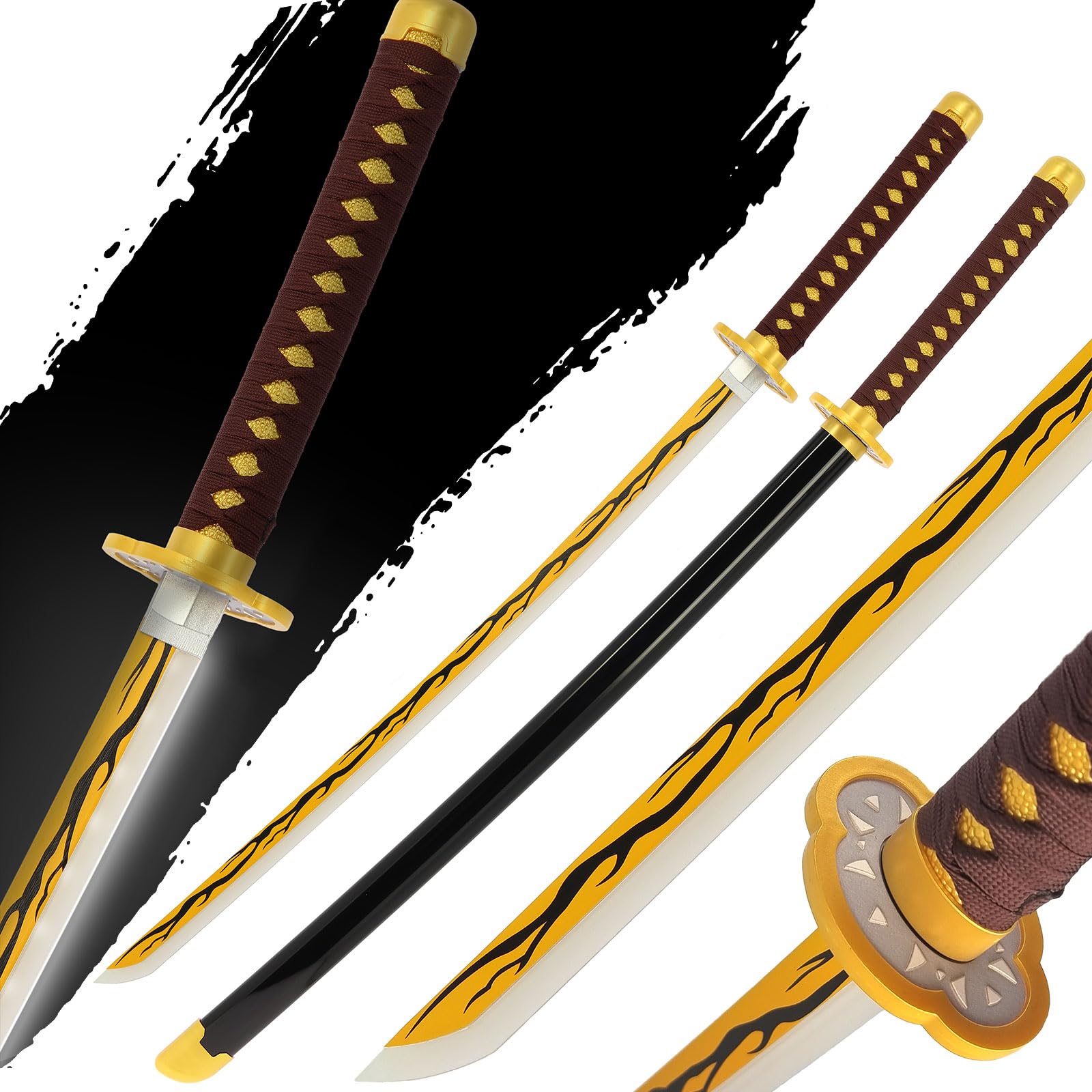Anime Wood Bamboo Swords With LED Light-Up Blade Halloween Cosplay 104cm Blunt Prop (Zenizi Yellow)
