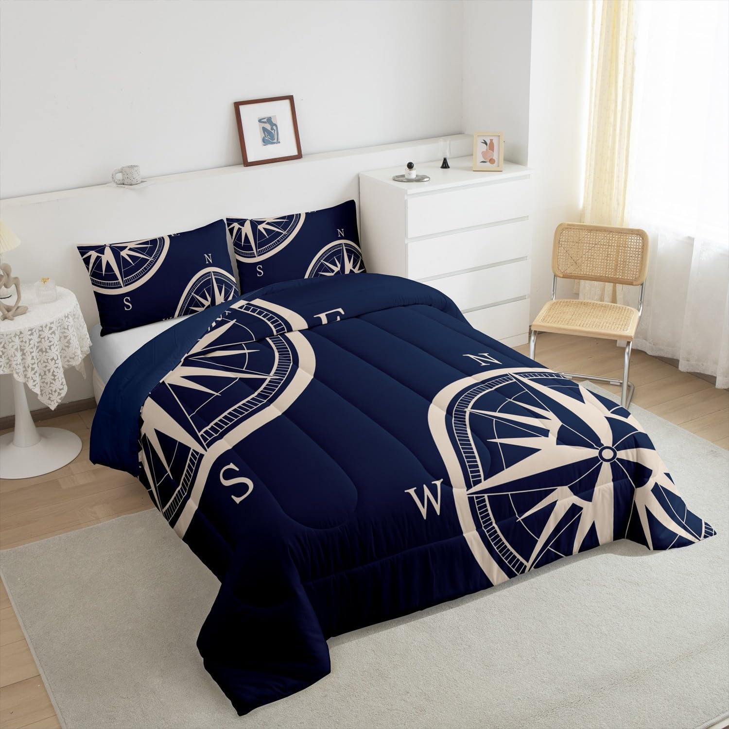 Castle Fairy Navy Blue Compass Comforter Set Queen Size 3 Pcs Sailing Nautical Theme Simple Style Bedding Set for Kids Teens Adults Retro Geometric Circles Plaid Quilted Comforter with 2 Pillowcases