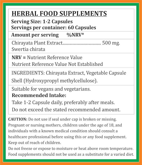 Chirayata Capsule 500 mg. 60 Units per Pack | Swertia Chirata (Kiratatikta) Extract Capsules (Pack of 4)
