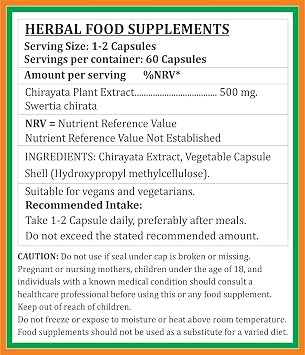 Chirayata Capsule 500 mg. 60 Units per Pack | Swertia Chirata (Kiratatikta) Extract Capsules (Pack of 4)