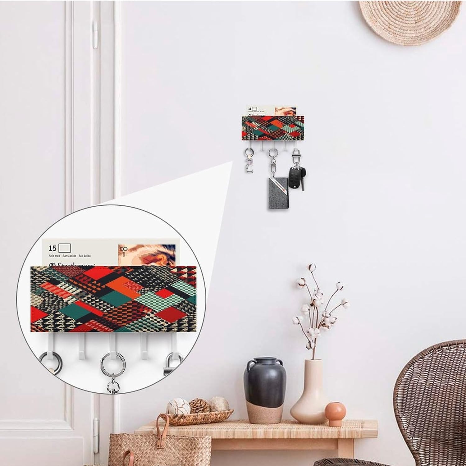 Key Holder Wall Mount Key Hanger with 5 Hooks, Decorative Key Rack | Diagonal Geometric Pattern Hanging Key Hooks with Mail Organizer for Wall Living Room Kitchen Bathroom Hallway