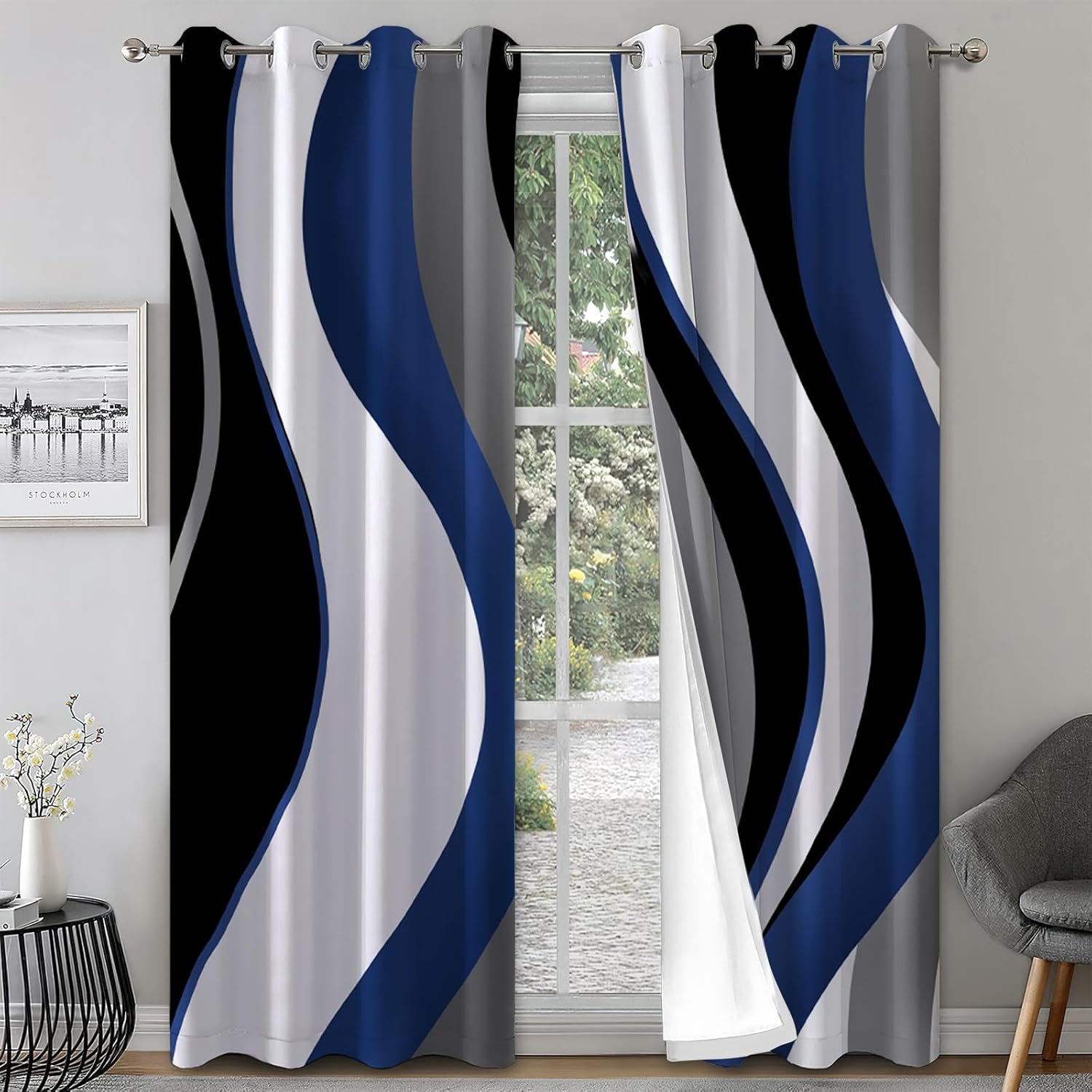 Nordic Light Luxury Window Curtains, Abstract Bule Black Gray Wavy Stripes Blackout Curtains, 2 Panels Polyester Noise Reducing Eyelet Drapes for Bedroom Living Room Apartment (54" W x 39" L)
