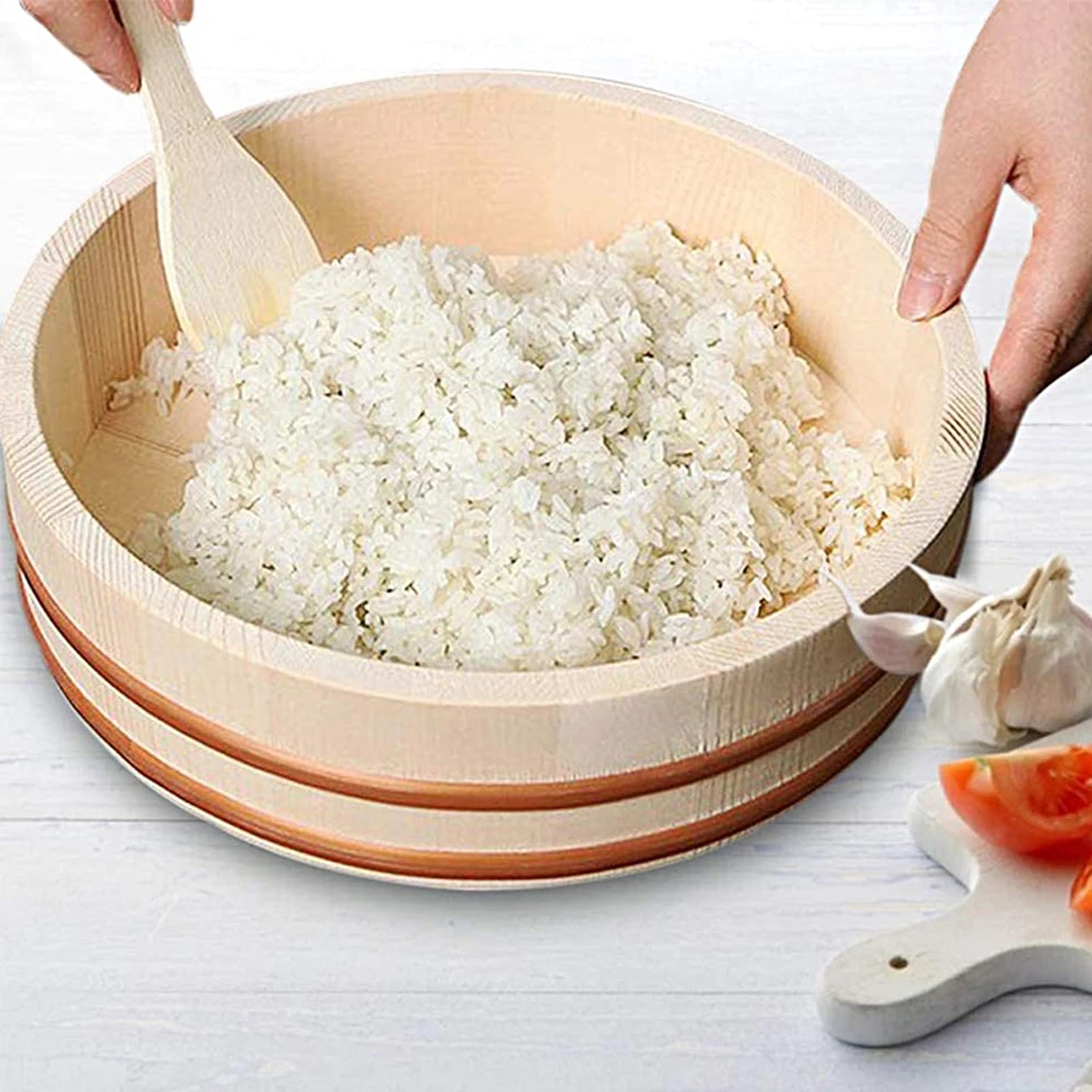Cuenco de arroz de sushi de madera, bañera para mezclar arroz de sushi con bandas de cobre, kit de accesorios para servir sushi para cocina de restaurante de sushi, 30 cm/11,8 pulgadas (39 cm/15,3 p