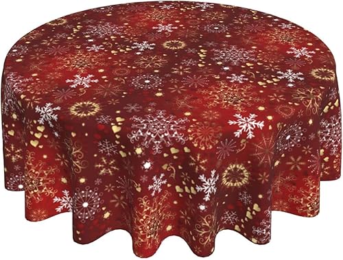 Miniatura 4 de Mantel de Navidad, mantel redondo rojo de invierno de 70 pulgadas, mantel de copo de nieve dorado navideño para decoración rústica de cocina de