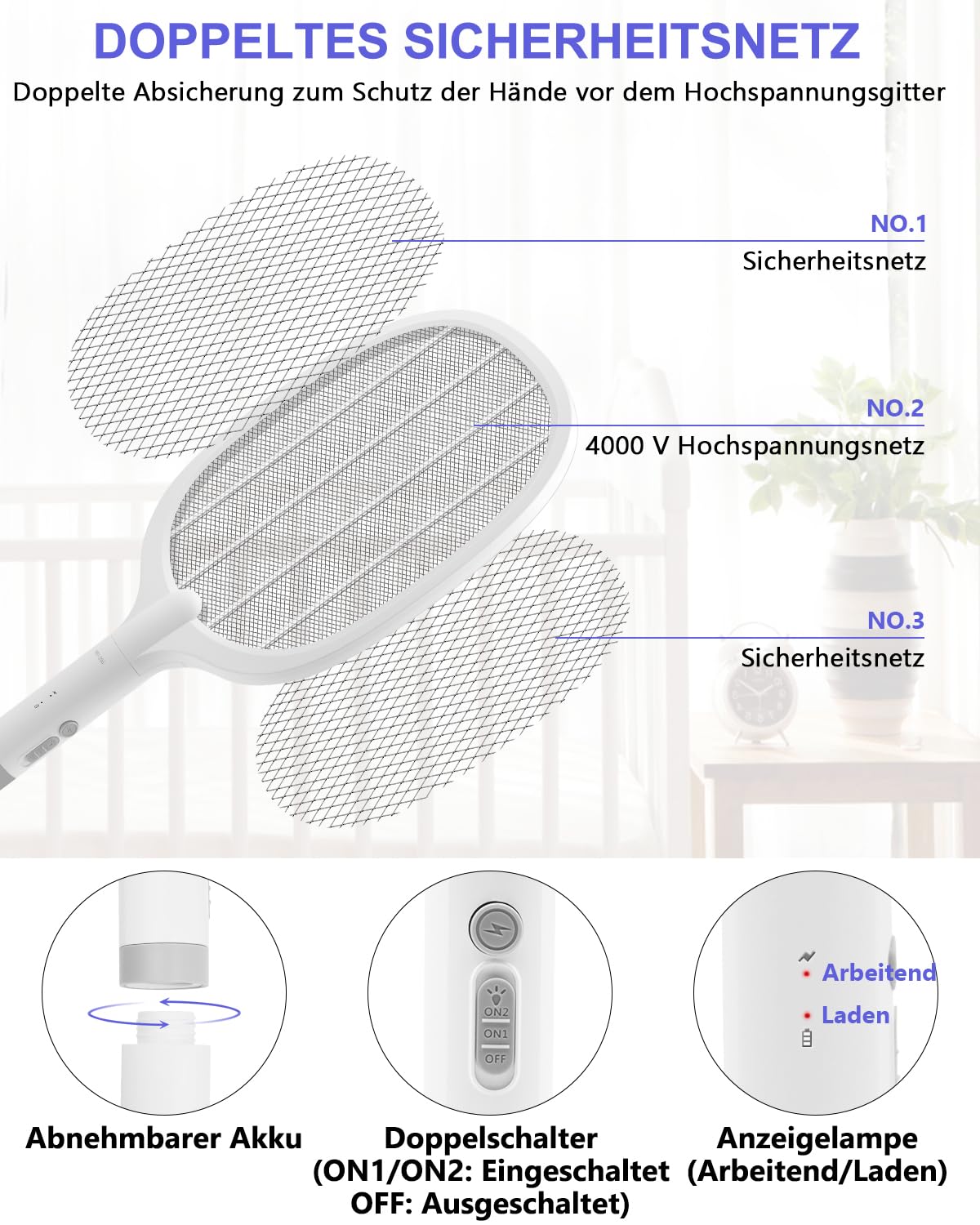 Racchetta Zanzare Elettrica 2 Pezzi, Ricaricabile 4000V, Paletta Mosche con LED Viola, Batteria 1800mAh, Base di Ricarica USB, Griglia a 3 Strati, per Casa, Cucina, Giardino, Interni ed Esterni