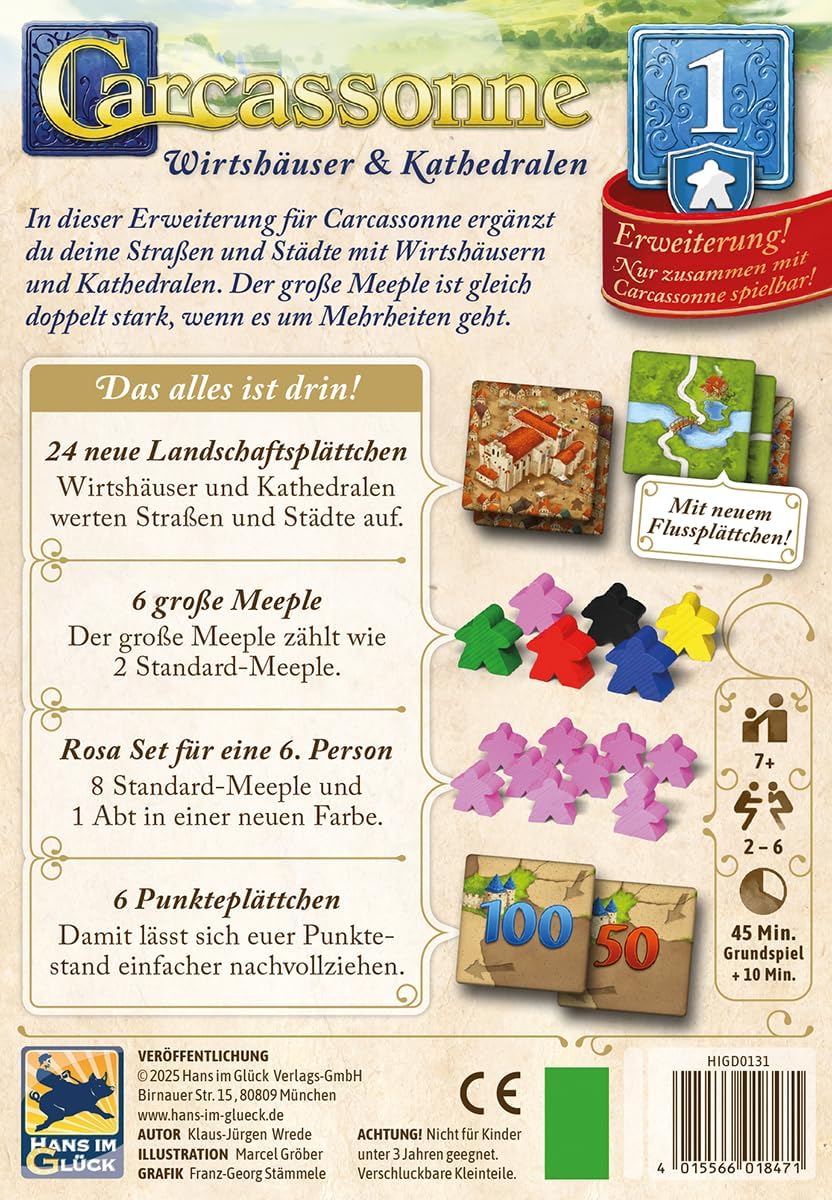 Hans im Glück Carcassonne - Inns and Cathedrals (2025 edition), 1st Extension, Family Game, 2-6 Players, 7+ Years, 45 Minutes, German