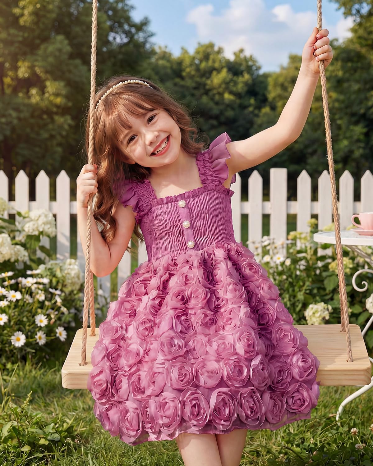 JiAmy Abito da principessa 3D, linea ad A, per bambini, senza maniche, con volant, spalline e vita elasticizzata, in tulle, per compleanno, matrimonio, per 2-8 anni