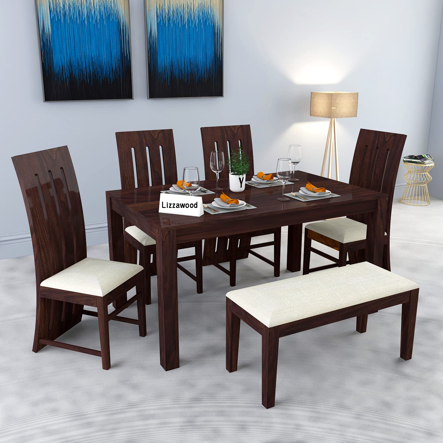 LIZZAWOOD® Solid Sheesham Wood Six Seater Dining Table with 4 Chair & Two Seater Bench for Living Room | Sheesham Wood Dining Set |6 Seater Dining Set(6 Seater High Back, Walnut) (B0CR8H765T) Amazon Price History, Amazon Price Tracker
