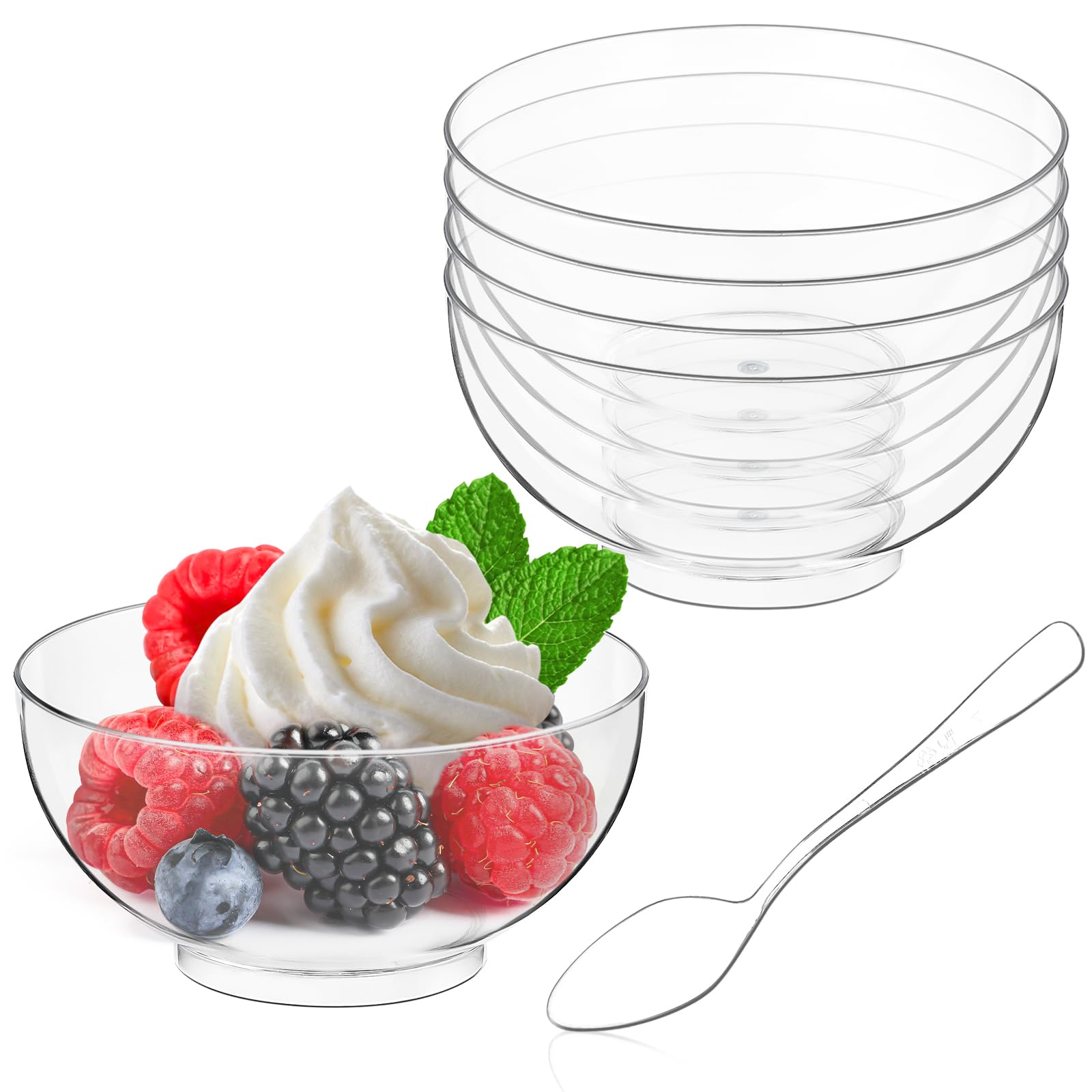 Qeirudu 50 Pack 3 oz Mini Dessert Cups with Spoons, Clear Small Round Party Serving Bowls for Yogurt Parfait Fruit Mousses Appetizer Ice Creams