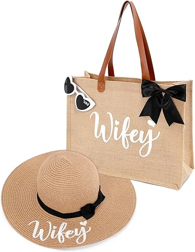 Percozzi Juego de 3 bolsas de mano para esposa, sombrero de sol, gafas de novia, regalo para despedida de soltera, regalo para futura señora, luna