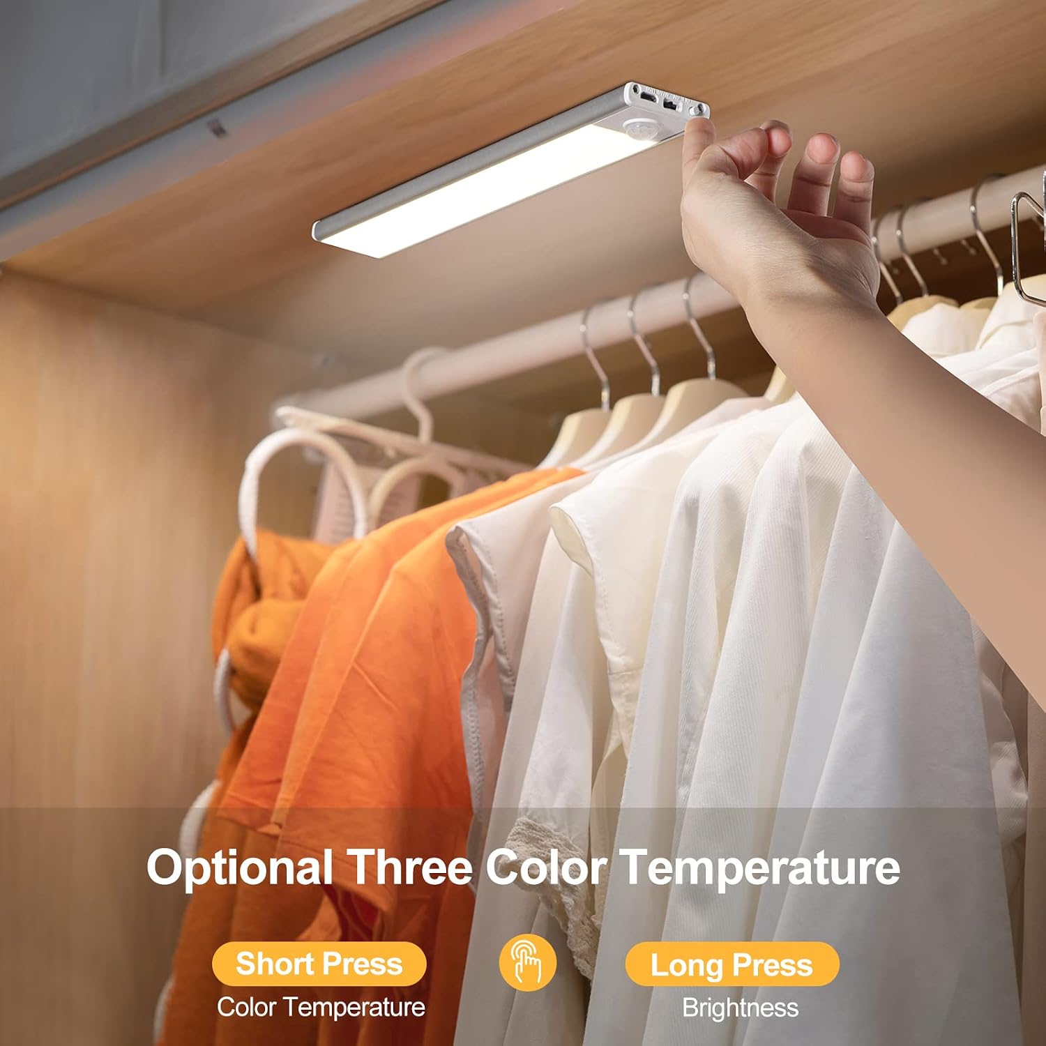Soilsiu Under Cabinet Lights Motion Sensor, 30 LEDs Wireless Closet Lights, 3-Color Stepless Dimming Rechargeable Night Light for Kitchen, Wardrobe, Cupboard, Drawer, Bedroom, Hallway(2 Pack)