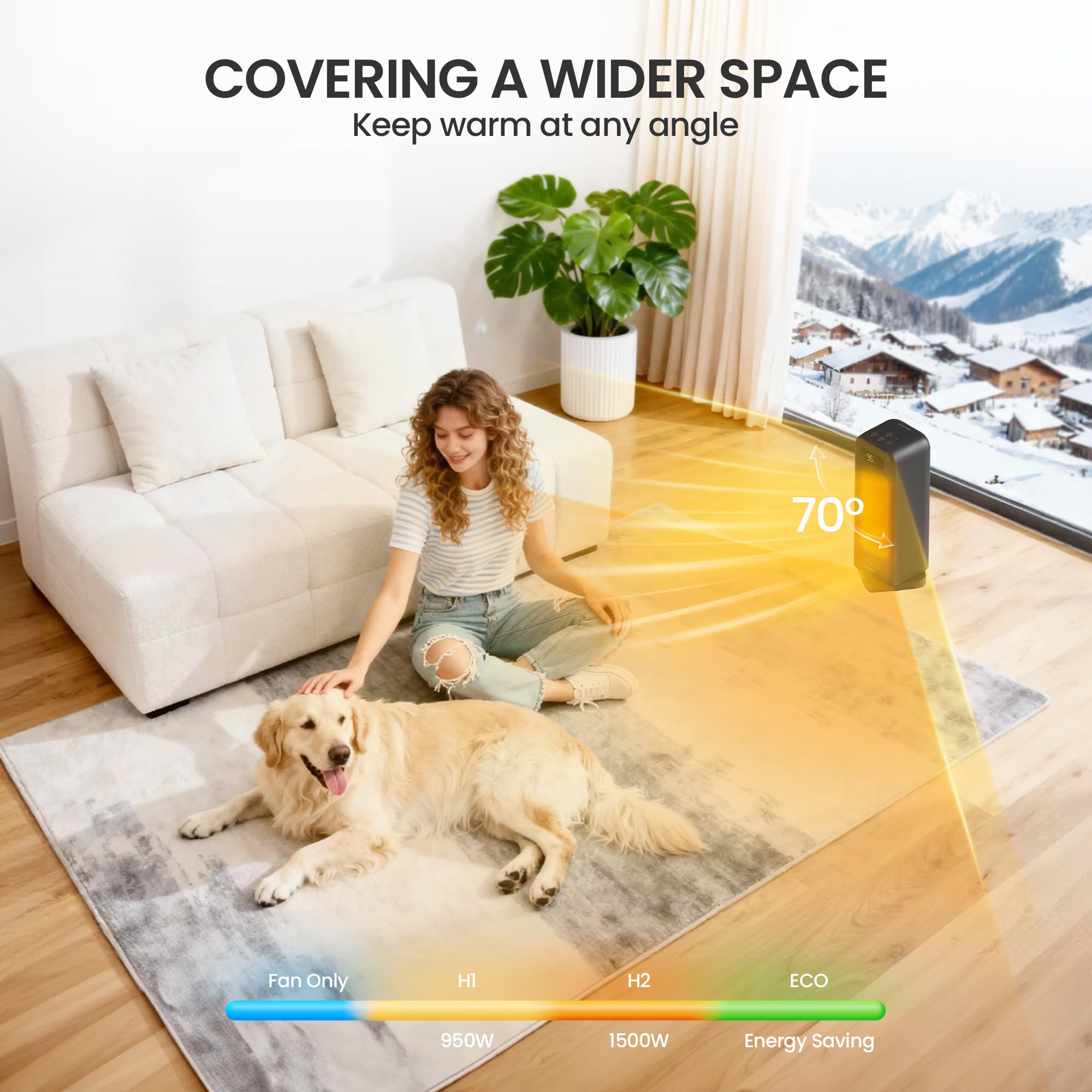 FLANUR Calentador de espacio para recámara, calentador eléctrico inteligente con WiFi y control de voz, temporizador de 12 horas, 4 modos, termostato, calentador de cerámica PTC de 1500 W, calefacción