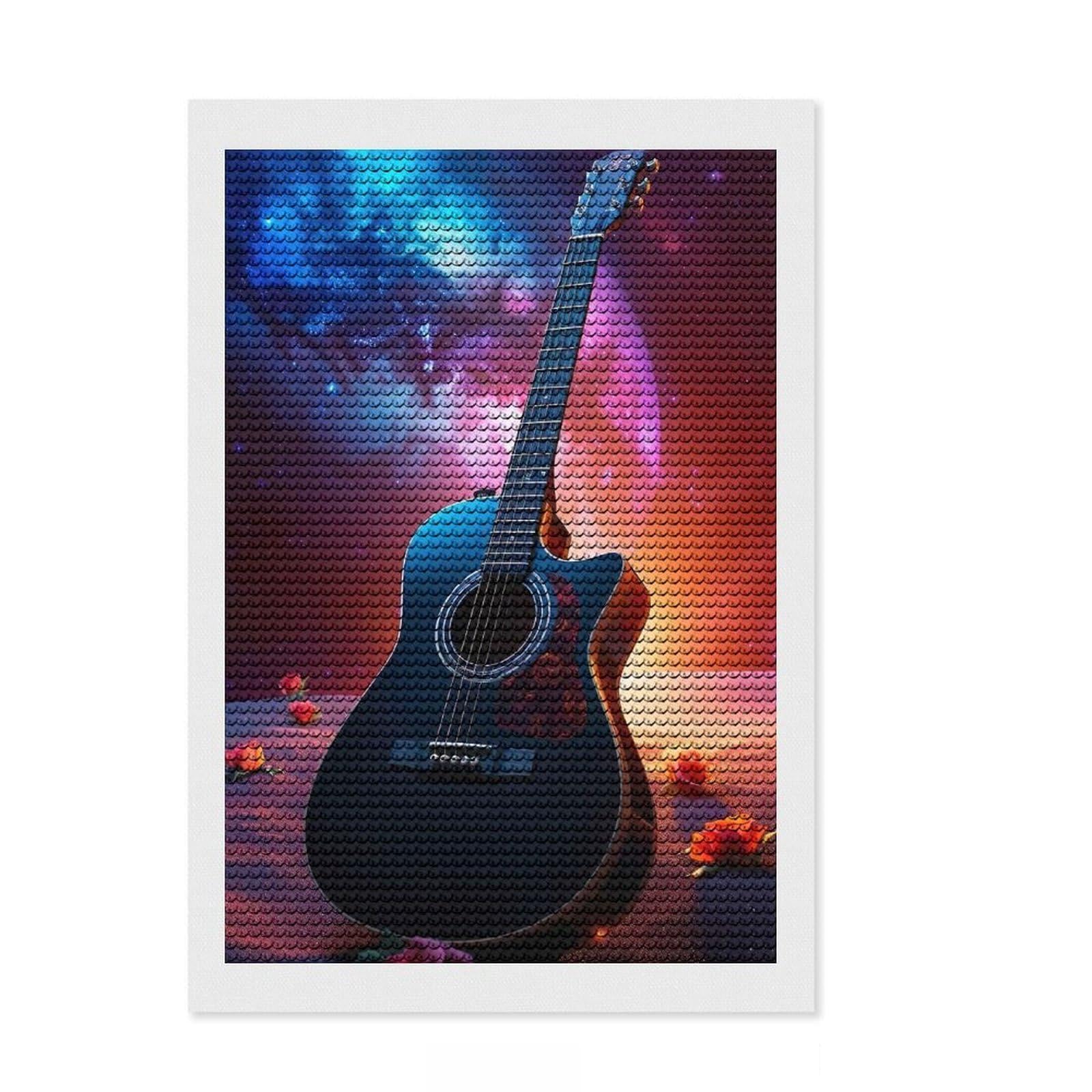 Junmoney Guitar in Universe DIY Diamond Art Canvas Kit 8"x12", Fun Craft Experience, Good for Quiet Evenings, Cosy Home Accent, Gift Idea