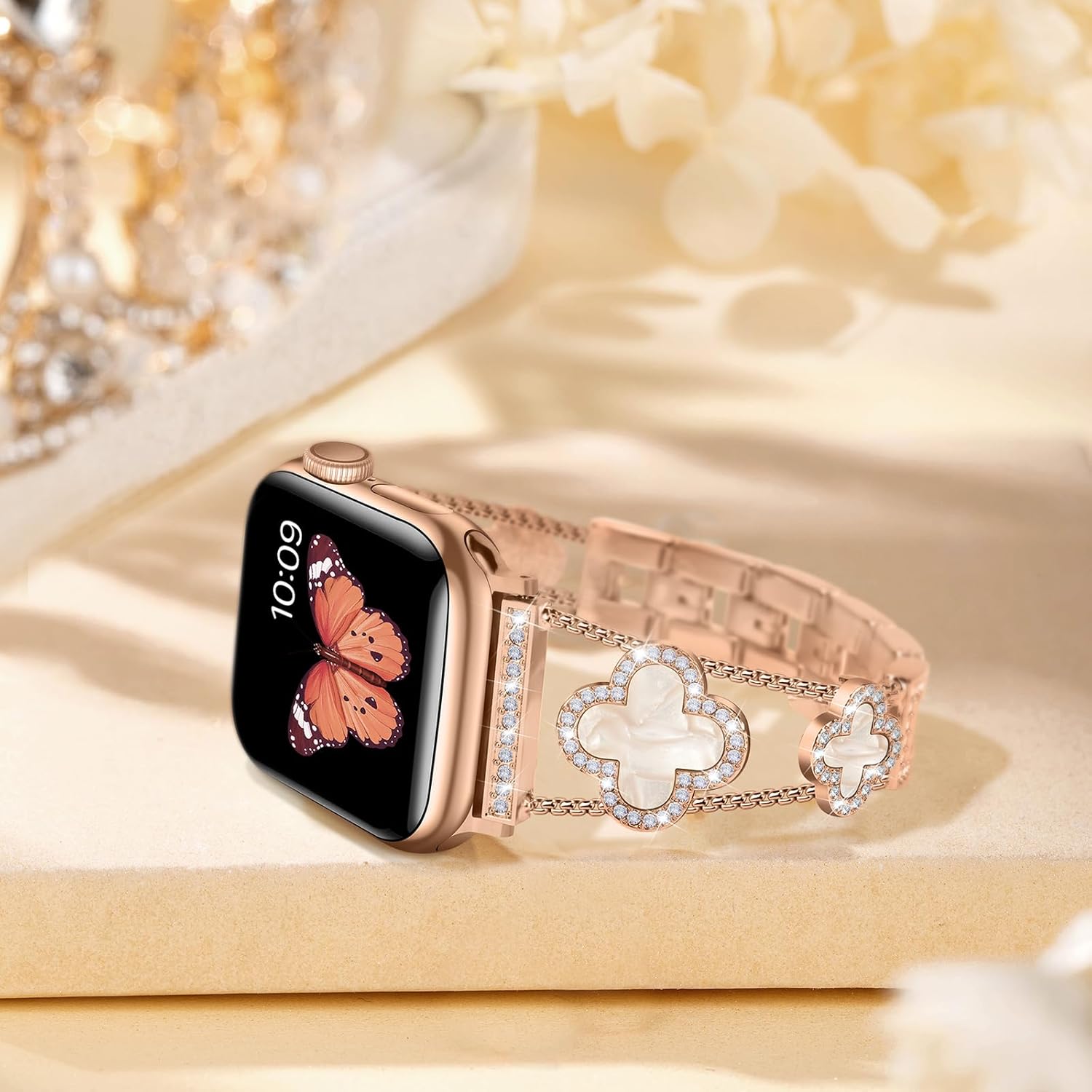 Tasikar Bling Diamond Women Band Compatible with Apple Watch Band 49mm 46mm 45mm 44mm 42mm 41mm 40mm 38mm Ultra SE Series 11 10 9 8 7 6 5 4 3 2 1 Lucky Clover Dressy Replacement Bracelet (Rose Gold) - Image 4