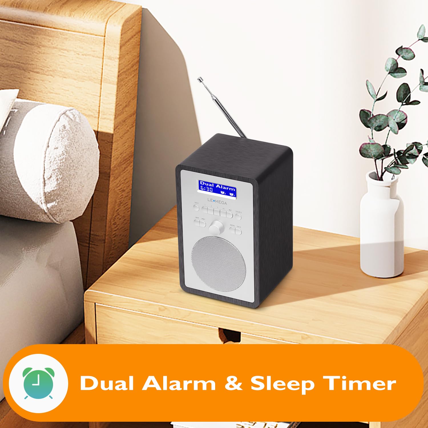 Radio Digitale LEMEGA CR2+ DAB+,Alimentazione da Rete,Sveglia,Rovere Nero | 20 stazioni memorizzabili, presa per cuffie, funzione snooze, timer di spegnimento, struttura in legno realizzata a mano