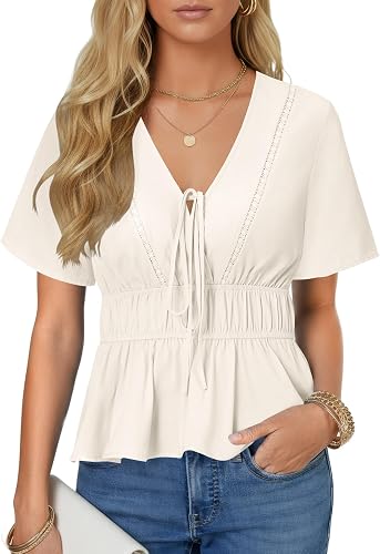 LYANER Women's Deep V Neck Sexy Blouse Top White X-Large