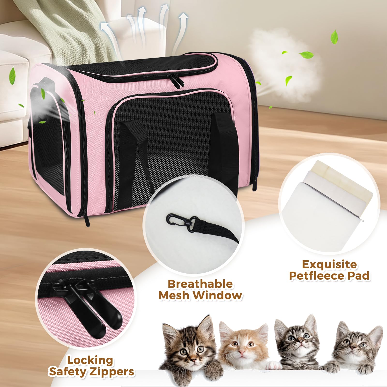 Haustier-Tragetasche, 43,2 x 27,9 x 27,9 cm, für kleine, mittelgroße Katzen, Hunde, Welpen bis zu 6,8 kg, weiche Seite, zusammenklappbar, für Reisen, Rosa