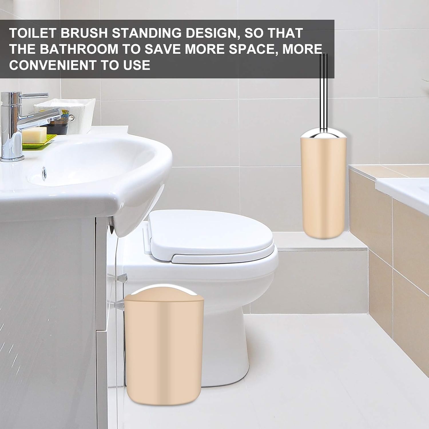 MYFAMIREA Bathroom Accessory Set, 6 Pieces Plastic Bath Ensemble Set, Toothbrush Cup, Toothbrush Holder, Soap Dish, Soap Dispenser, Trash Can, Toilet Brush Set (Apricot)