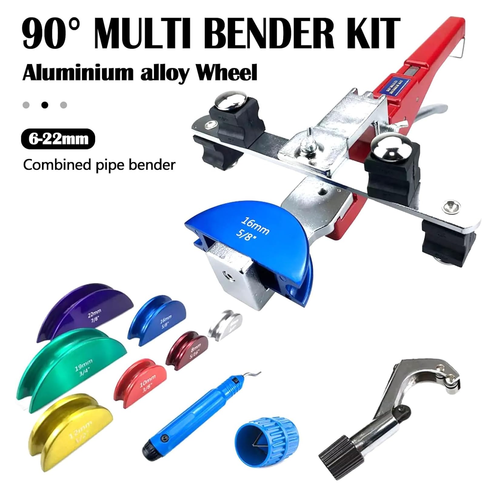 Piegatubi Manuale per Tubi in Rame 1/4"-7/8", Kit Macchina Piegatubi a Cricchetto con 7 Teste, 90° Avanti/Indietro, Alesatore Interno Esterno, per HVAC, Aria Condizionata e Riparazione Idraulica