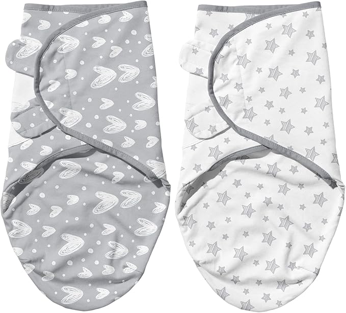 Biloban Baby Swaddles 0-3 Months for Boy Girls, Newborn, Organic Cotton Adjustable Blanket, Lovely Grey Print, 2 Pack