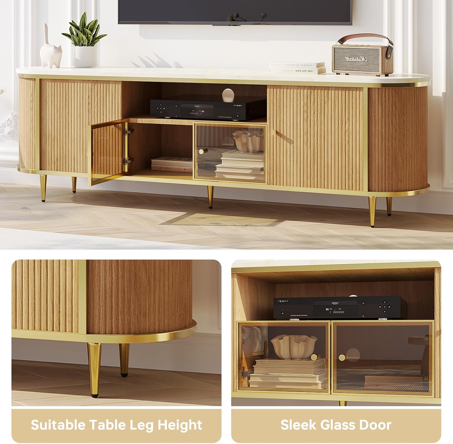 Luxury 70" Fluted TV Stand with Storage, Modern Entertainment Center for TVs Up to 80”, TV Console with Spaciouse Tabletop and Glass Door, Curved Edge Design, Media Console for Living Room, Natural