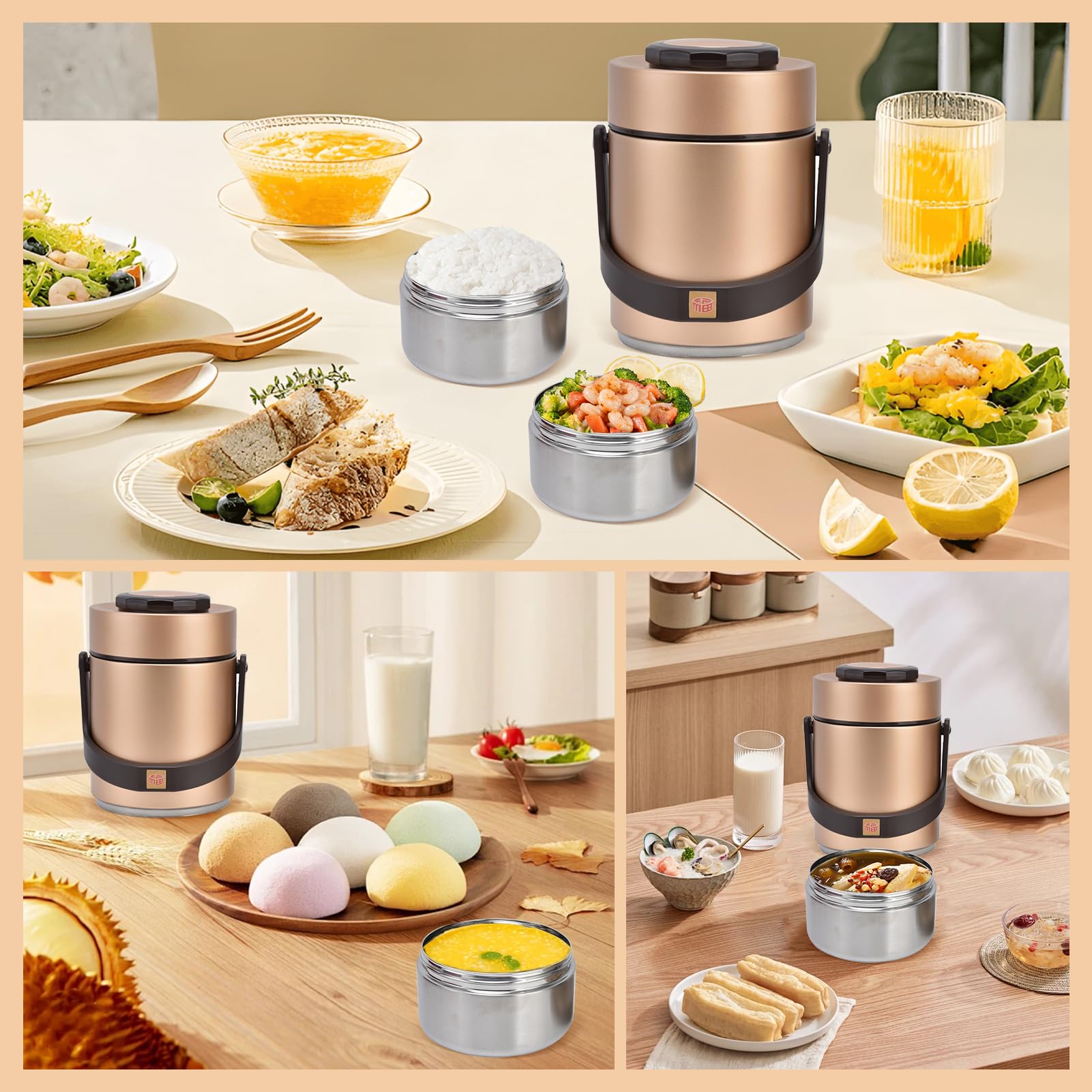 Jenngaoo Fiambrera Térmica al Vacío 2300ml Acero Inoxidable 2 Niveles, Contenedor Aislado Portátil para Almuerzo Frío/Caliente Adultos, Viajes, Picnic