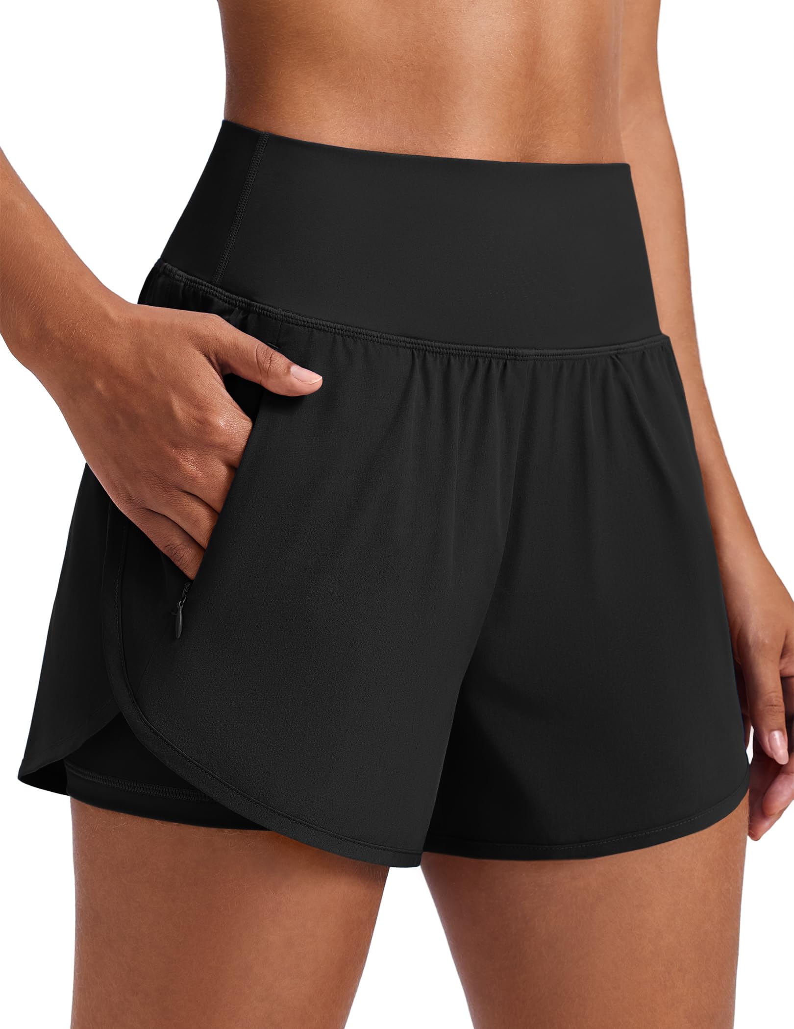 pinspark Women's 2 in 1 High Waisted Athletic Running Shorts 3" Dolphin Hem Quick Dry Workout Gym Shorts with 2 Zip Pockets-picture-52
