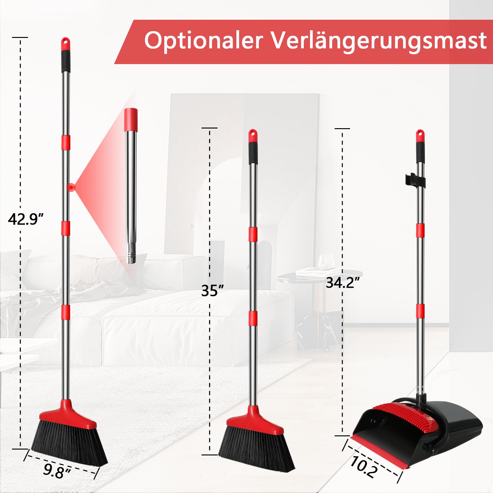 JIUNENG Set scopa e paletta, paletta con manico lungo, scopa di lunghezza regolabile,Scopa rimozione di Animali Gatti Cani peli per Pavimenti tappeti Piastrelle e Giardini Rosso