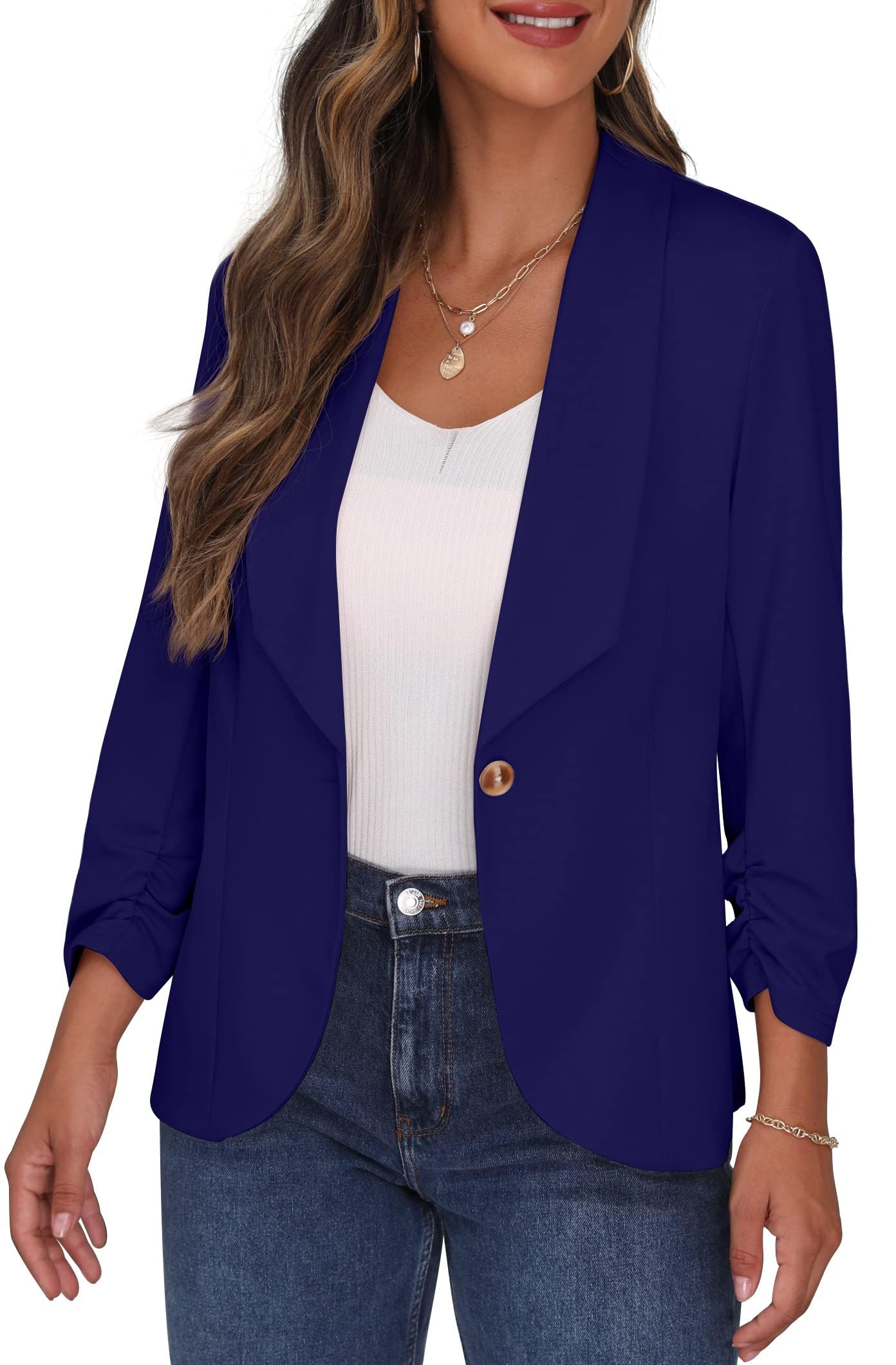 PrinStory Blazer Ouvert sur Le Devant pour Femme - Manches 3/4 froncées - Style décontracté - pour Le Travail et Le Bureau