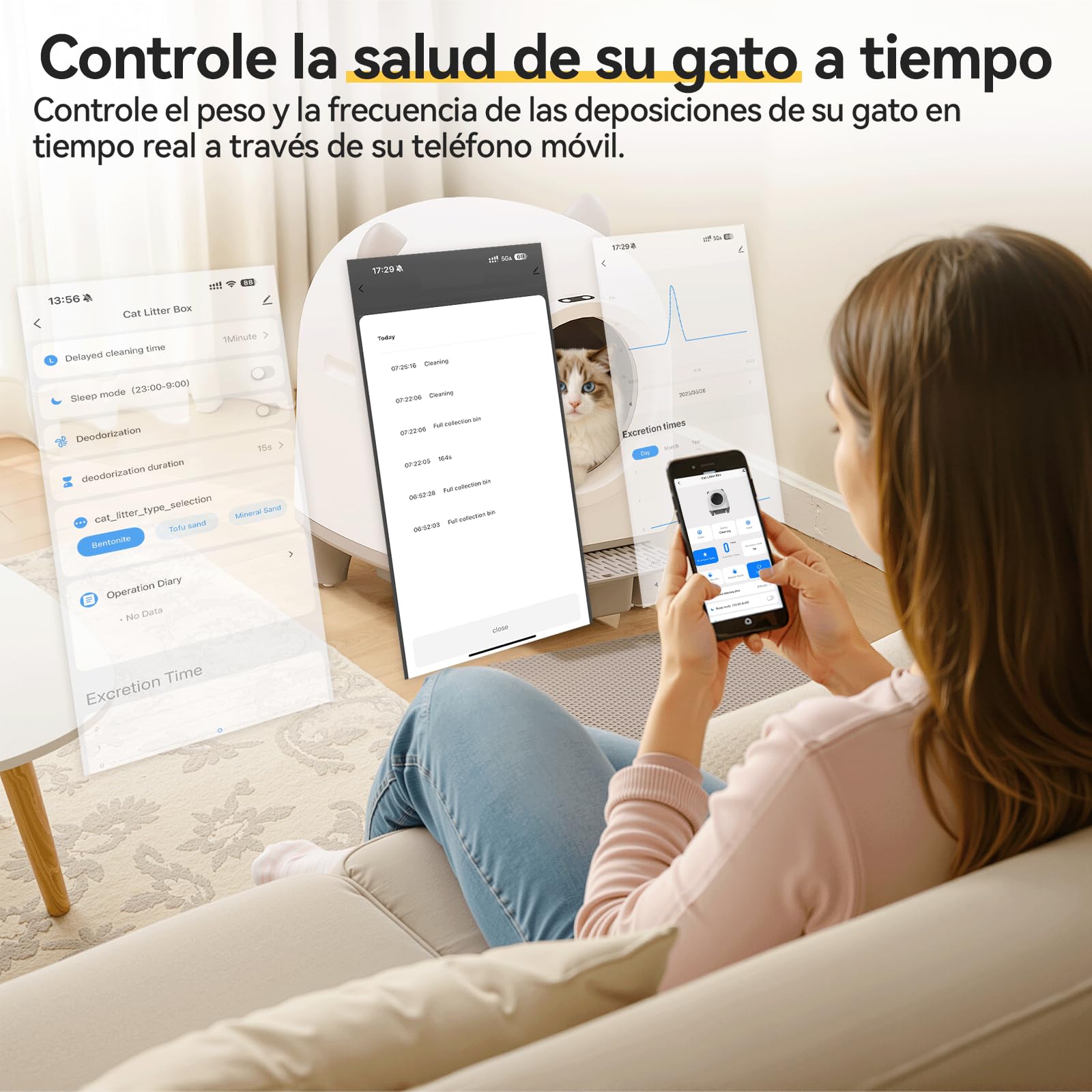 TRIUMPHKEY Arenero Automatico Gatos, Arenero Gatos Autolimpiable Grande de 90L con Control por App/Protección Anti-Atrapamiento/Sistema de Eliminación de Olores, para Familias con Múltiples Gatos